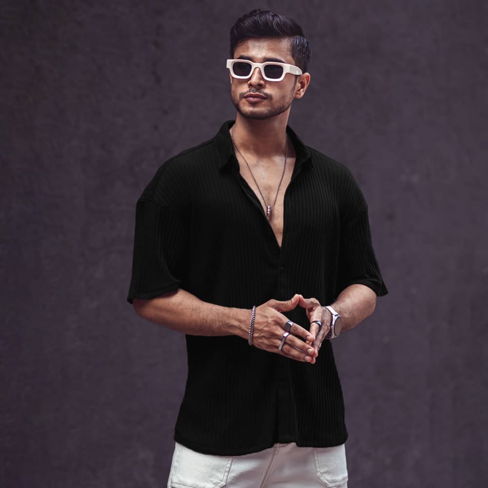     			Eyebogler Polyester Oversized Fit Striped Half Sleeves Men's Casual Shirt - Black ( Pack of 1 )