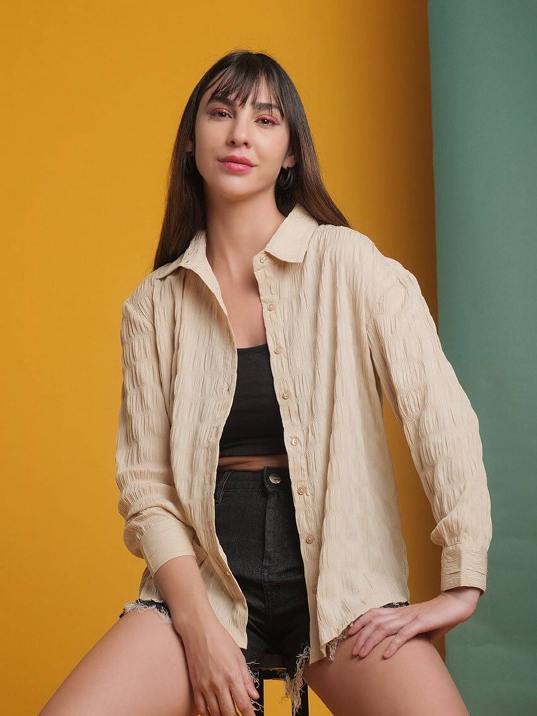     			Freehand Women Solid Cotton Blend Shirt ( Beige )