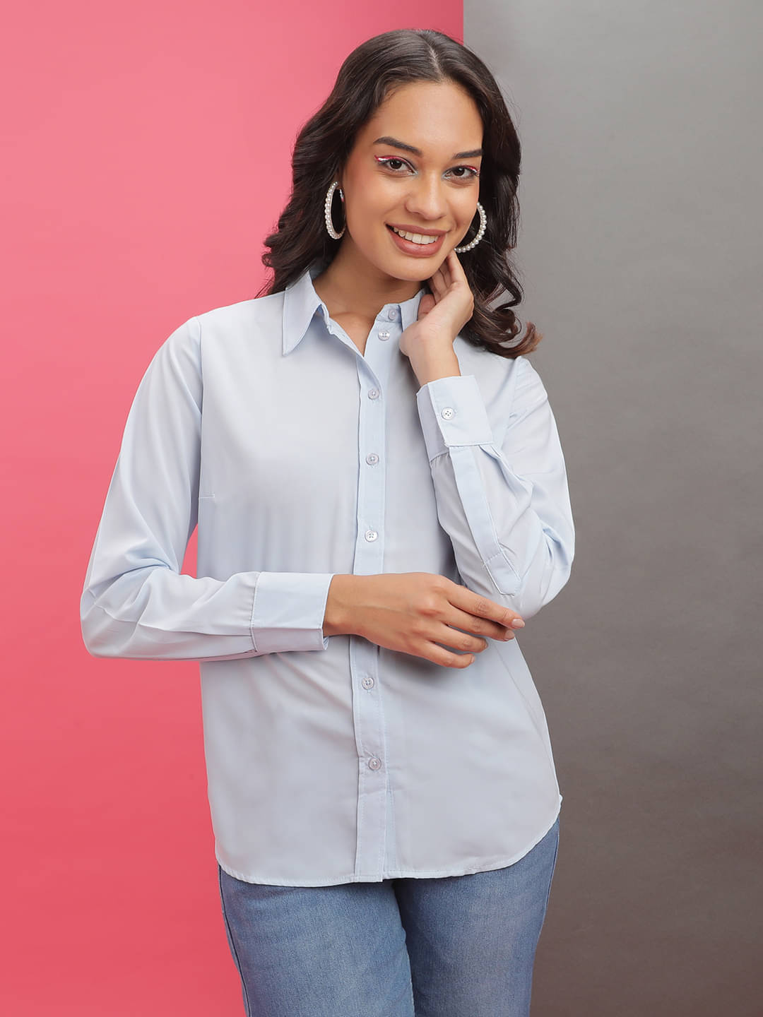     			Freehand Women Solid Polyester Shirt ( Blue )