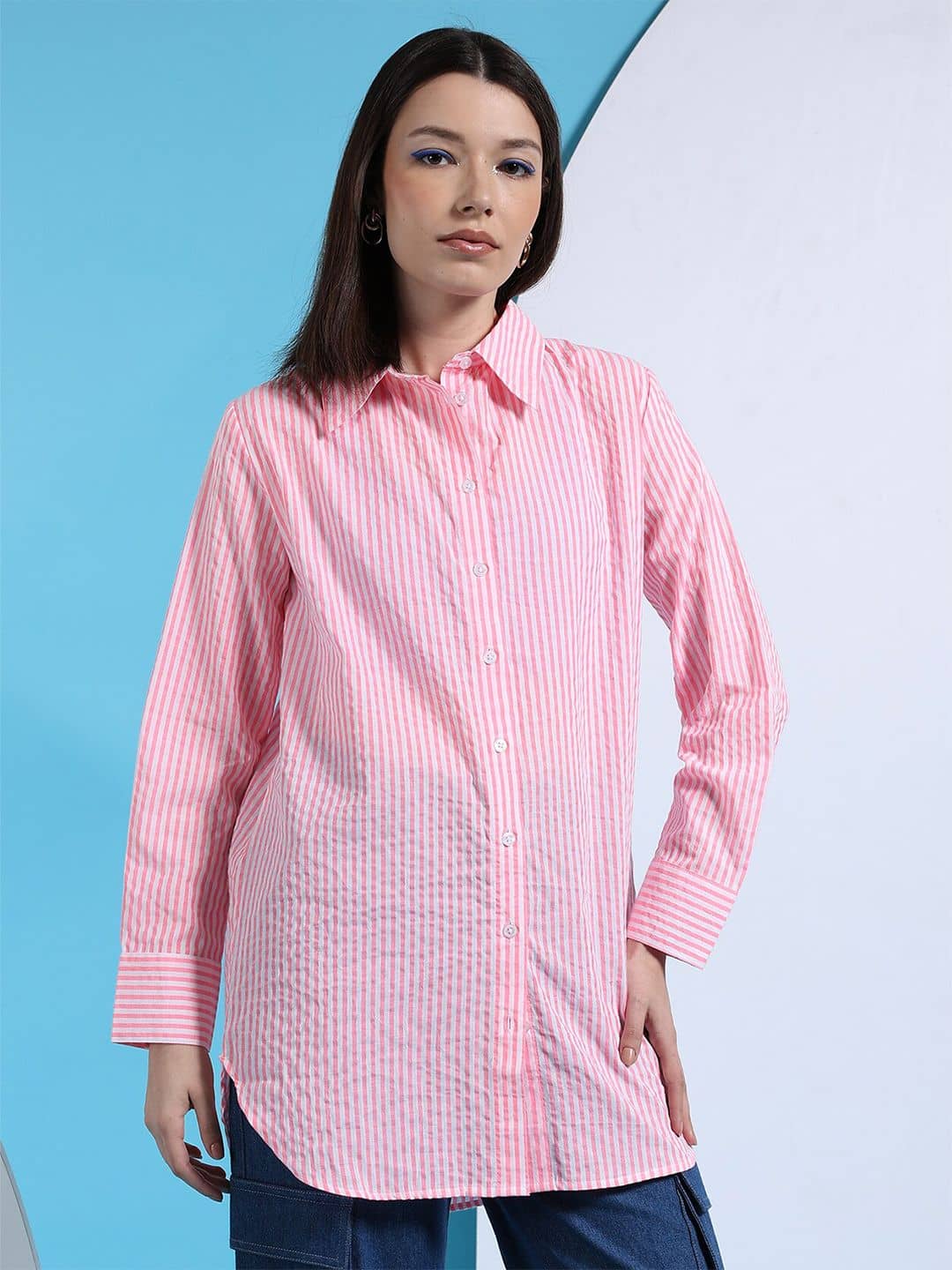 Freehand Women Striped Cotton Shirt ( Pink )