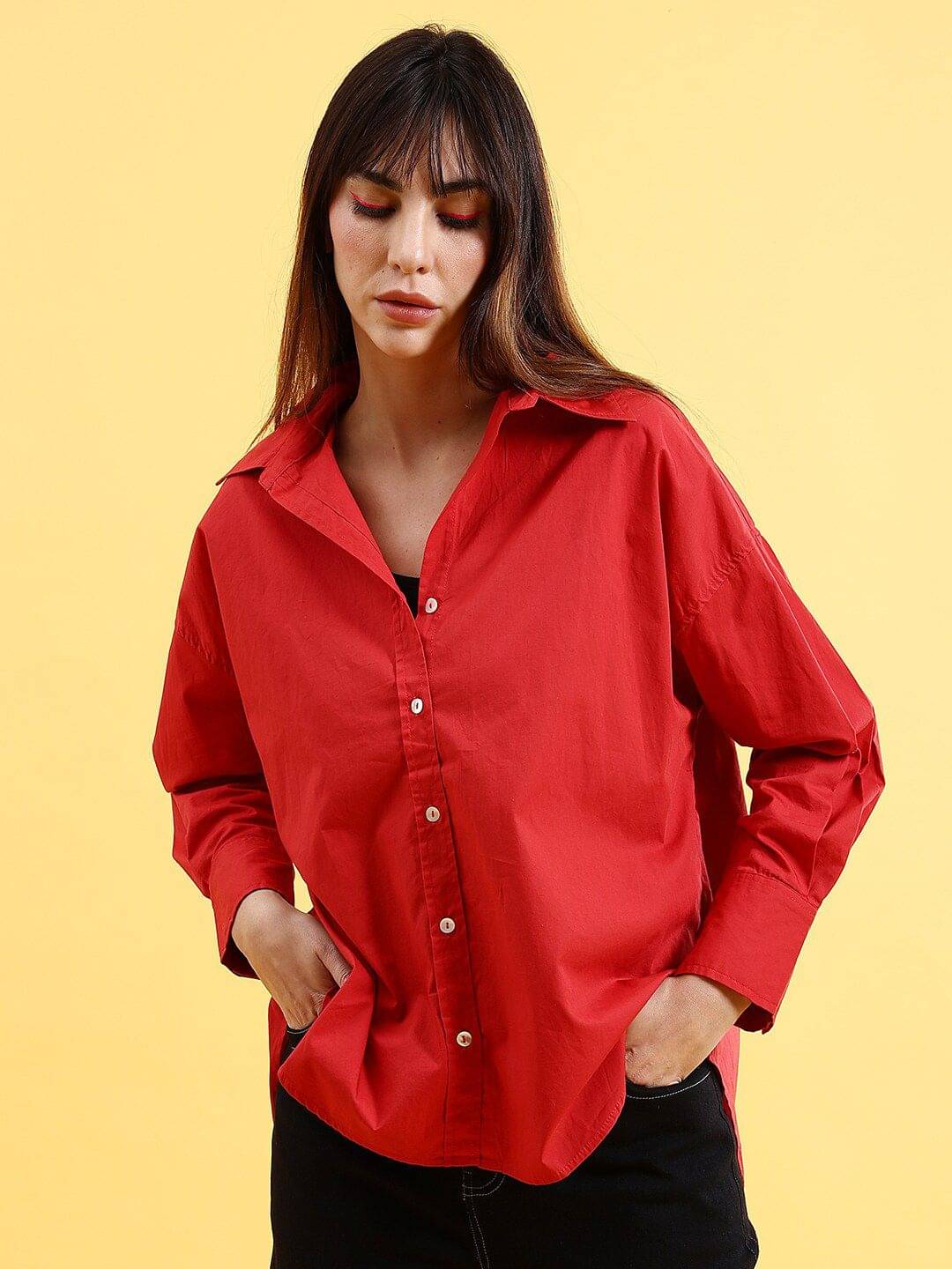 Freehand Women Solid Cotton Shirt ( Red )     			Freehand Women Solid Cotton Shirt ( Red )