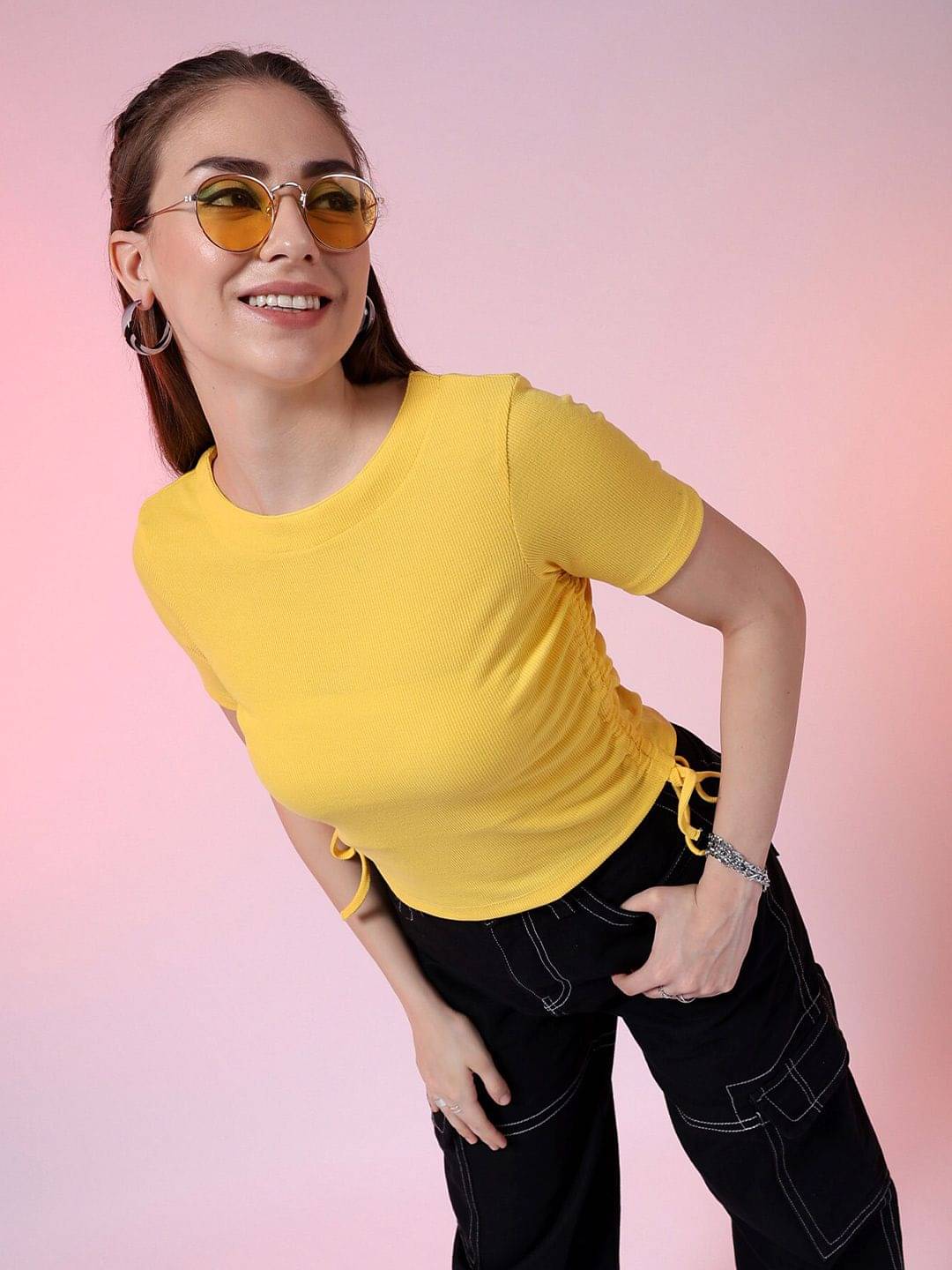 Freehand Women's Polyester Drawstring Top ( Yellow ) Freehand Women's Polyester Drawstring Top ( Yellow )