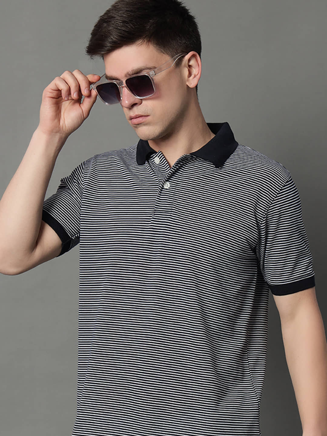GET GOLF Pack of 1 Cotton Blend Regular Fit Striped Half Sleeves Men's Polo T Shirt ( Navy Blue )