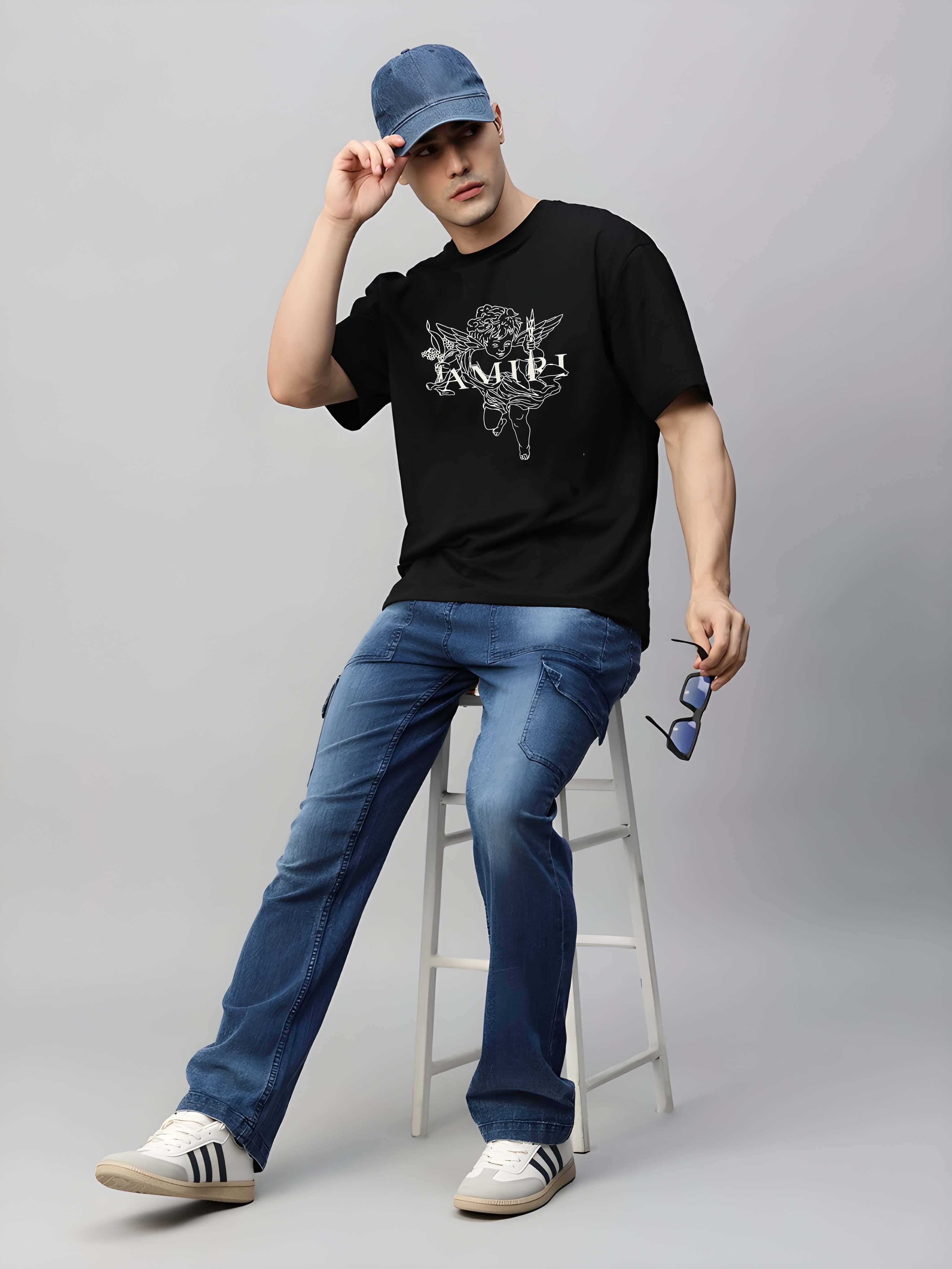     			Kaido Cotton Oversized Fit Self Design Half Sleeves Men's Round T-Shirt - Black ( Pack of 1 )