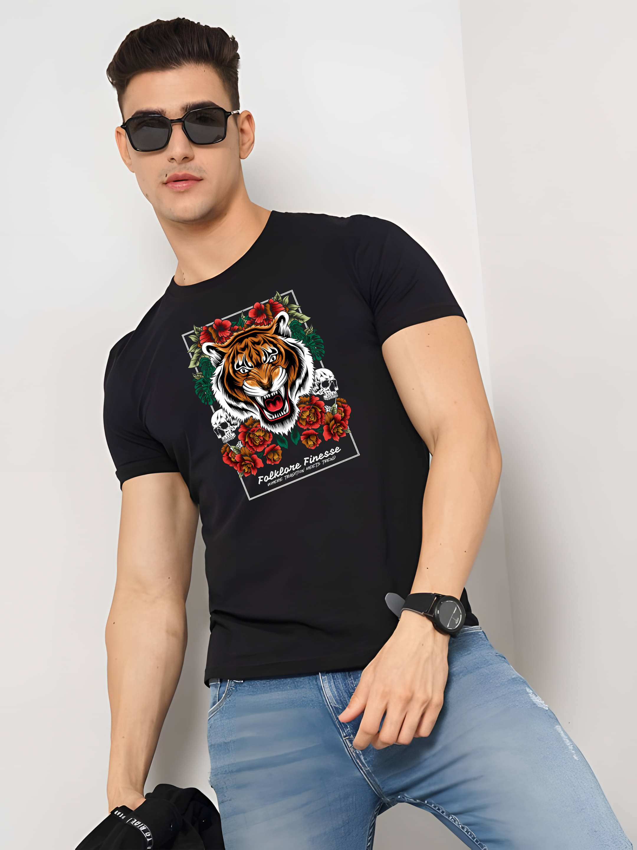     			Kaido Cotton Regular Fit Self Design Half Sleeves Men's Round T-Shirt - Black ( Pack of 1 )