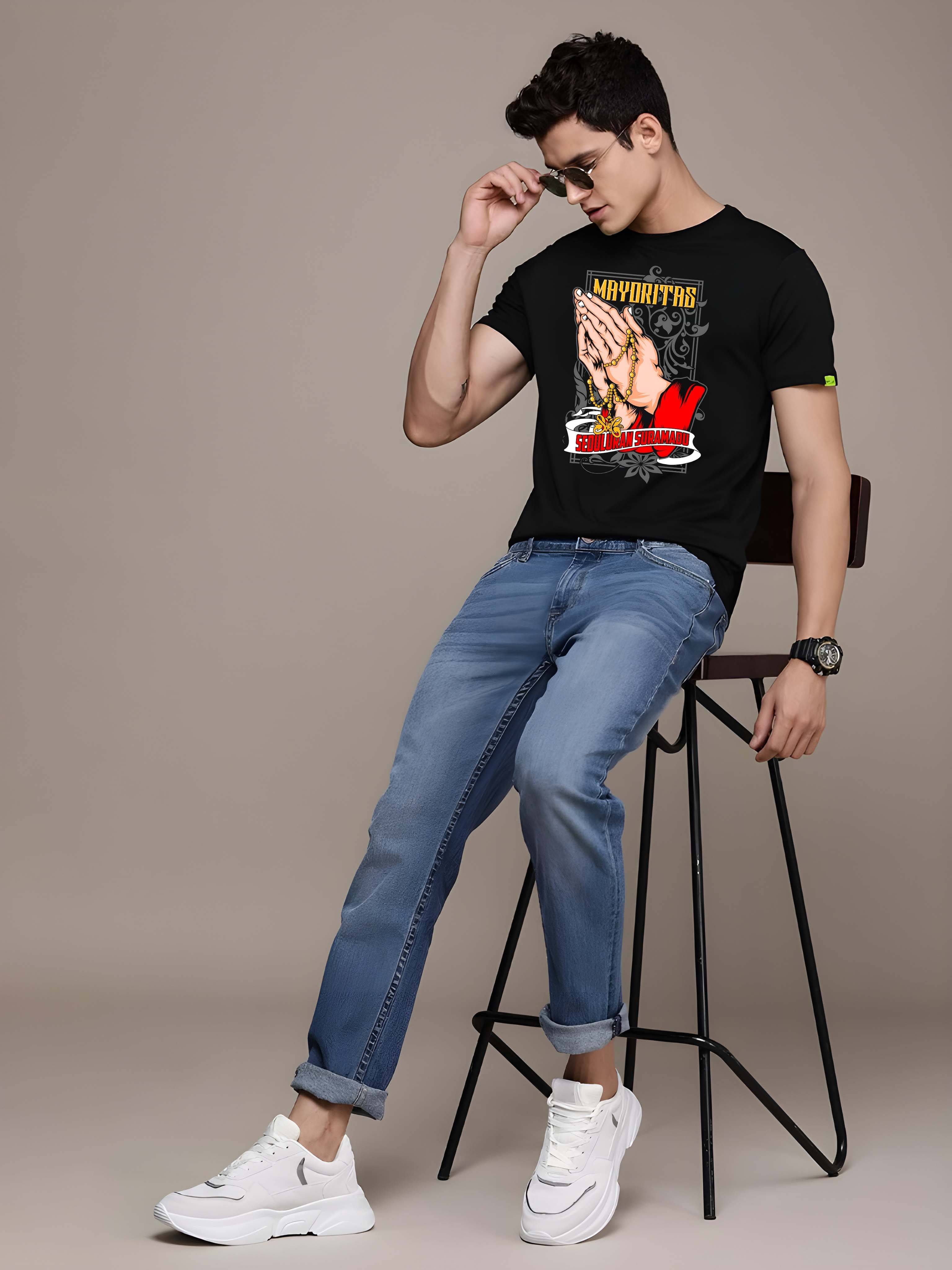     			Kaido Cotton Regular Fit Self Design Half Sleeves Men's Round T-Shirt - Black ( Pack of 1 )