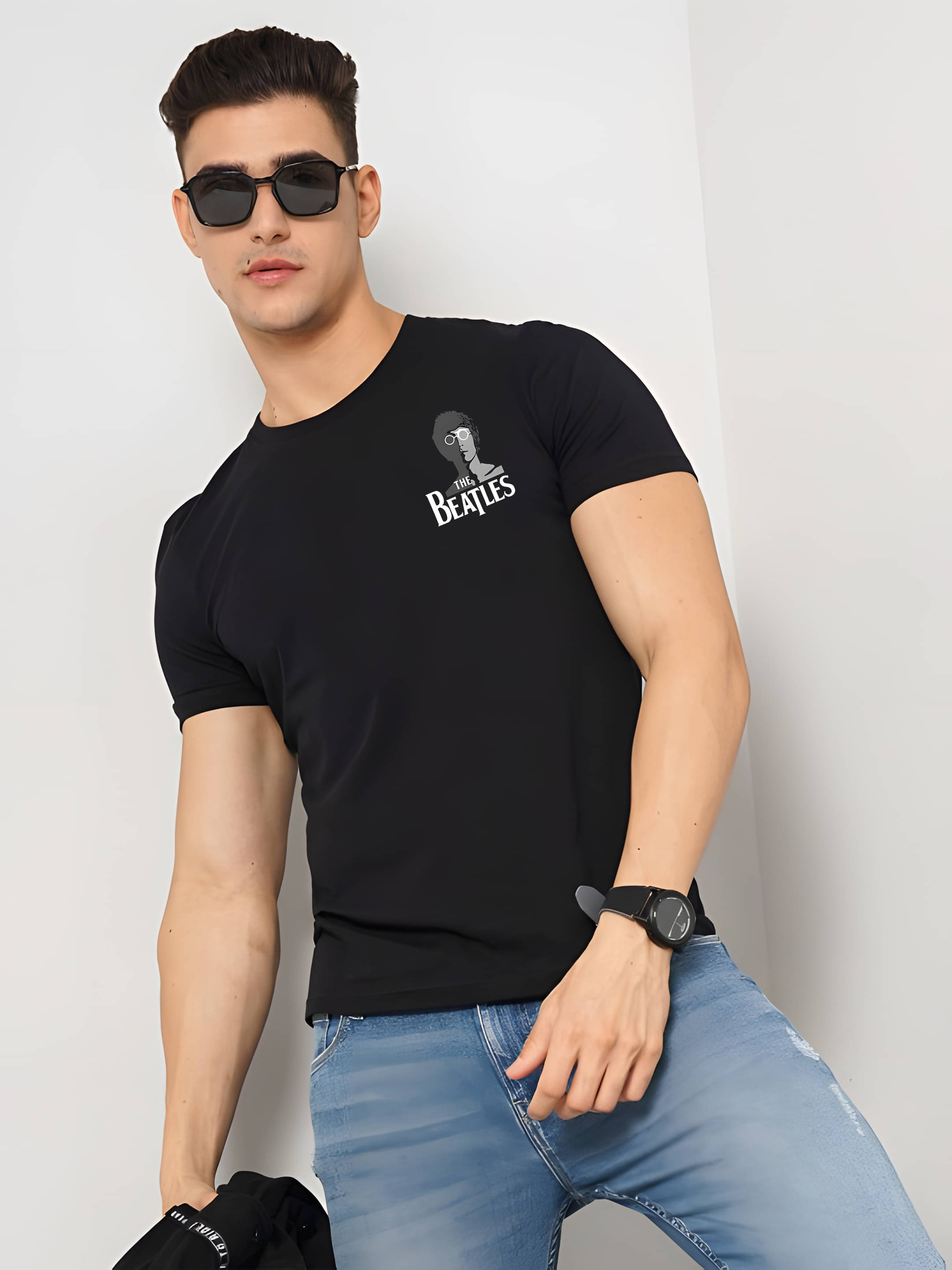     			Kaido Cotton Regular Fit Self Design Half Sleeves Men's Round T-Shirt - Black ( Pack of 1 )