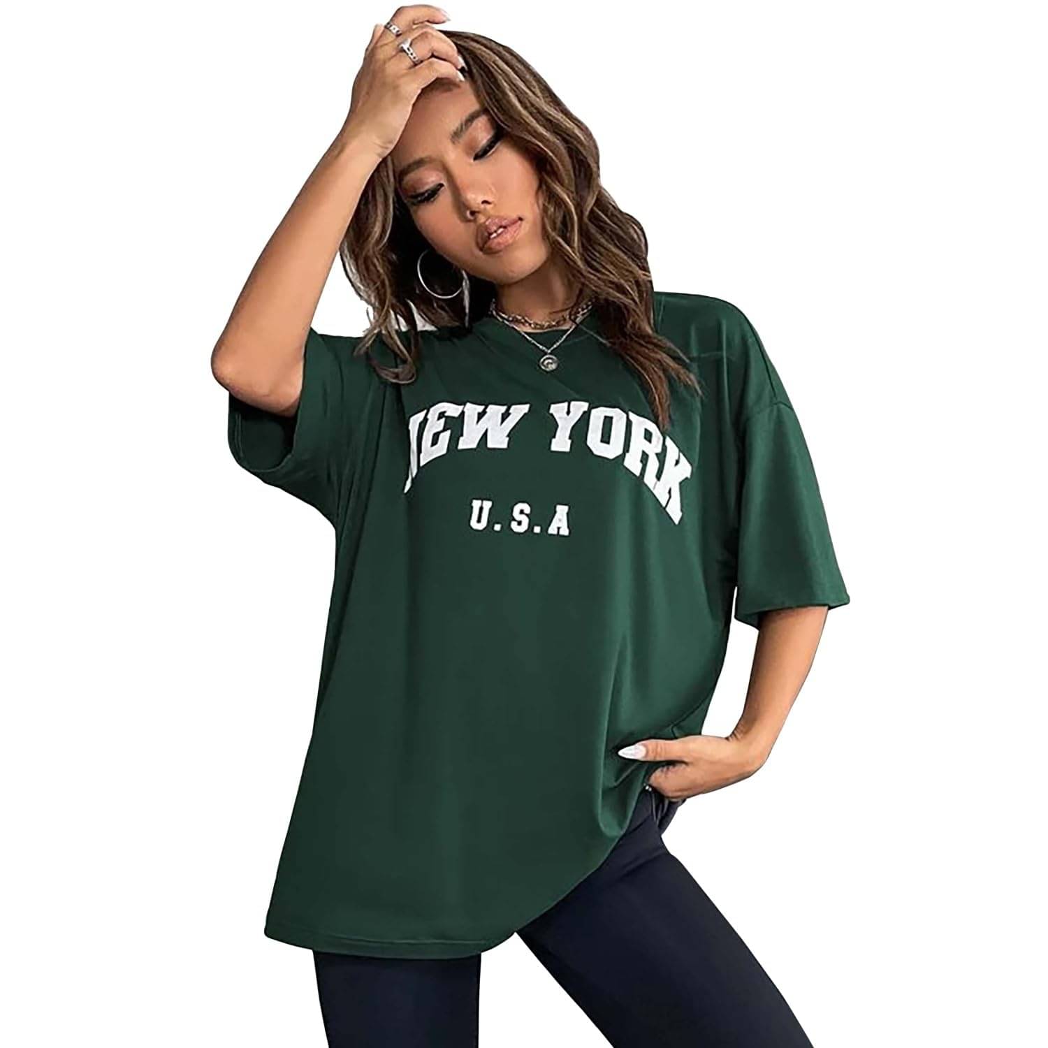 LONDON HILLS Women Cotton Blend Printed Oversized Fit Round Neck T-Shirt ( Green ) LONDON HILLS Women Cotton Blend Printed Oversized Fit Round Neck T-Shirt ( Green )