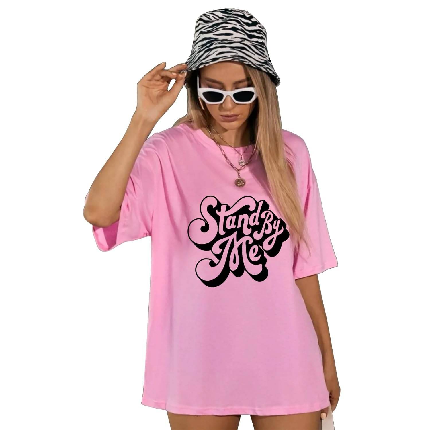     			LONDON HILLS Women Cotton Blend Printed Oversized Fit Round Neck T-Shirt ( Pink )