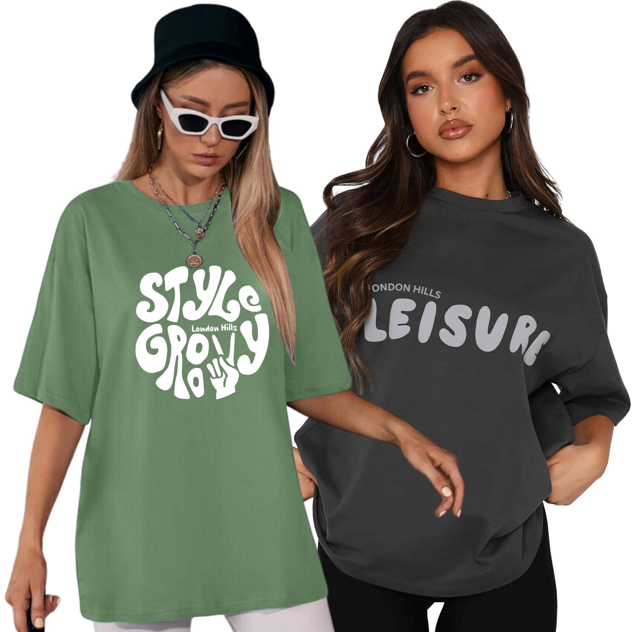 LONDON HILLS Women Cotton Blend Printed Oversized Fit Round Neck T-Shirt ( Multicolor 3 ) LONDON HILLS Women Cotton Blend Printed Oversized Fit Round Neck T-Shirt ( Multicolor 3 )