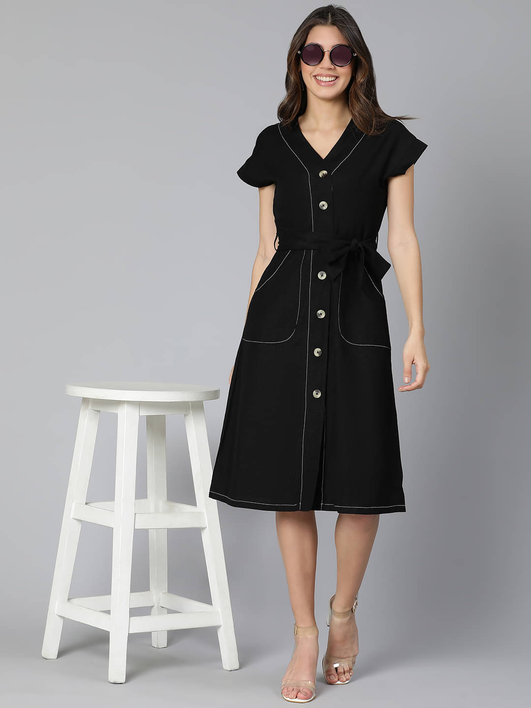 Oxolloxo Women Cotton Solid Shirt Dress ( Black ) Oxolloxo Women Cotton Solid Shirt Dress ( Black )