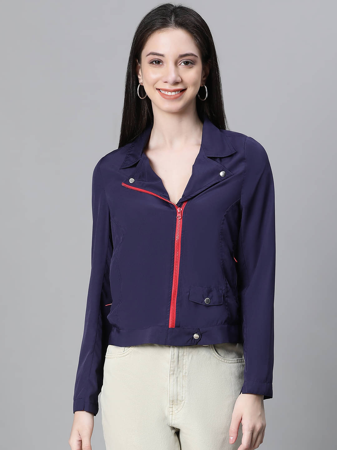 Oxolloxo - Polyester Navy Biker Jacket Pack of 1 Oxolloxo - Polyester Navy Biker Jacket Pack of 1