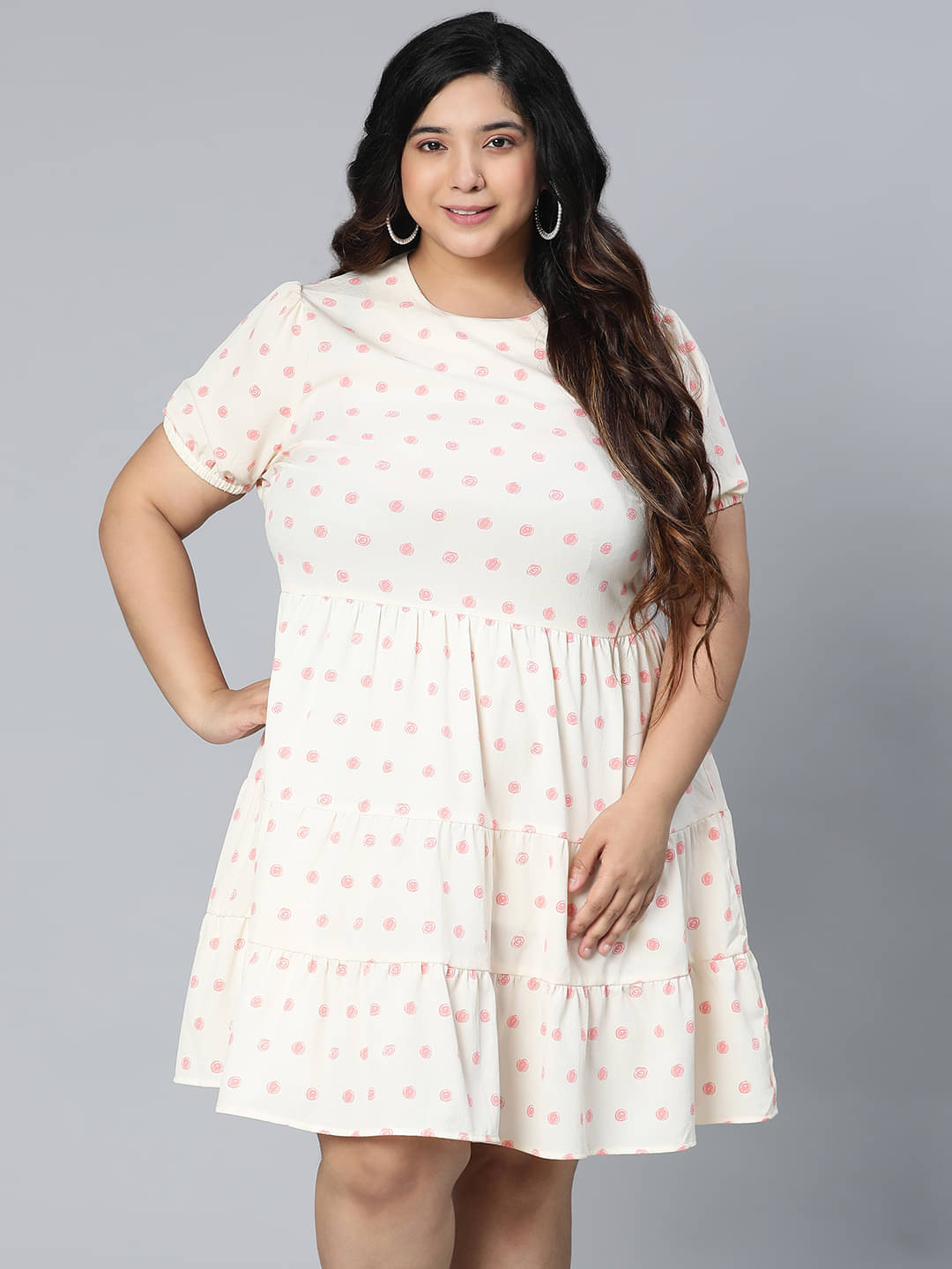     			Oxolloxo Women Viscose Rayon Printed A-line Dress ( Off White )