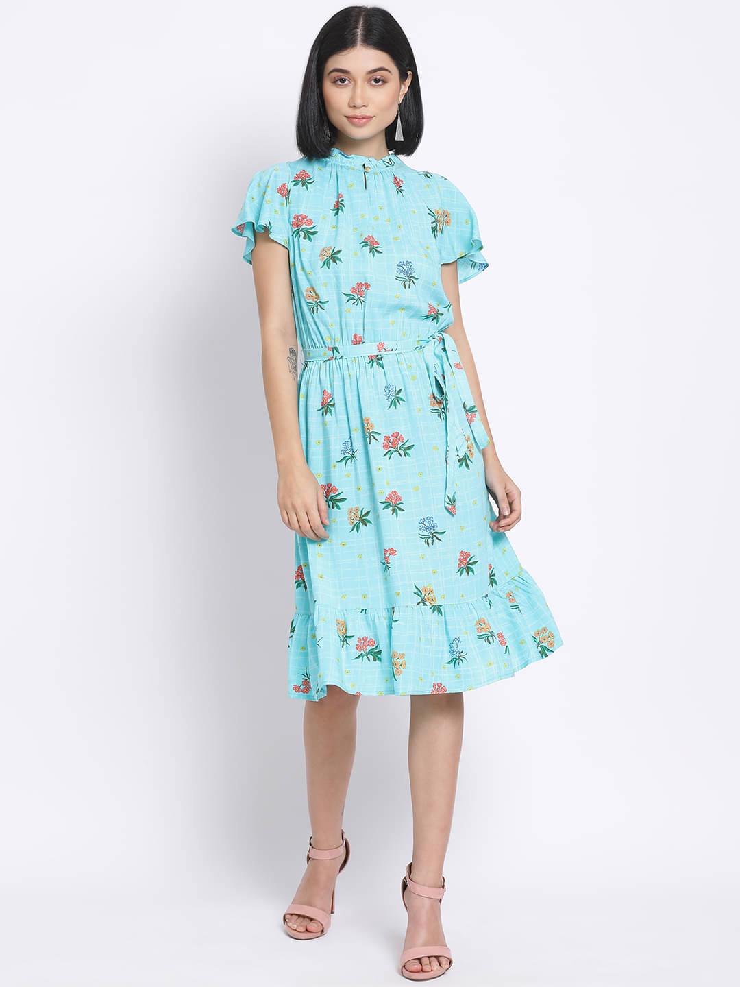 Oxolloxo Women Viscose Rayon Printed A-line Dress ( Blue ) Oxolloxo Women Viscose Rayon Printed A-line Dress ( Blue )