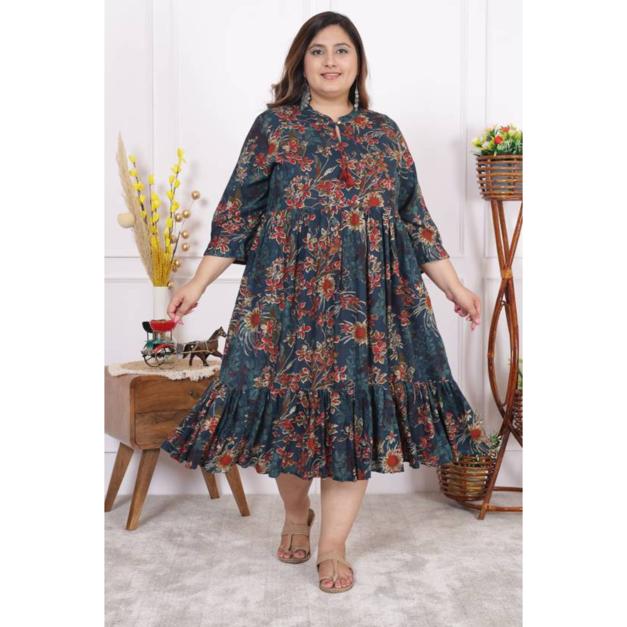     			Swasti Cotton Printed Midi Women's Fit & Flare Dress - Blue ( Pack of 1 )