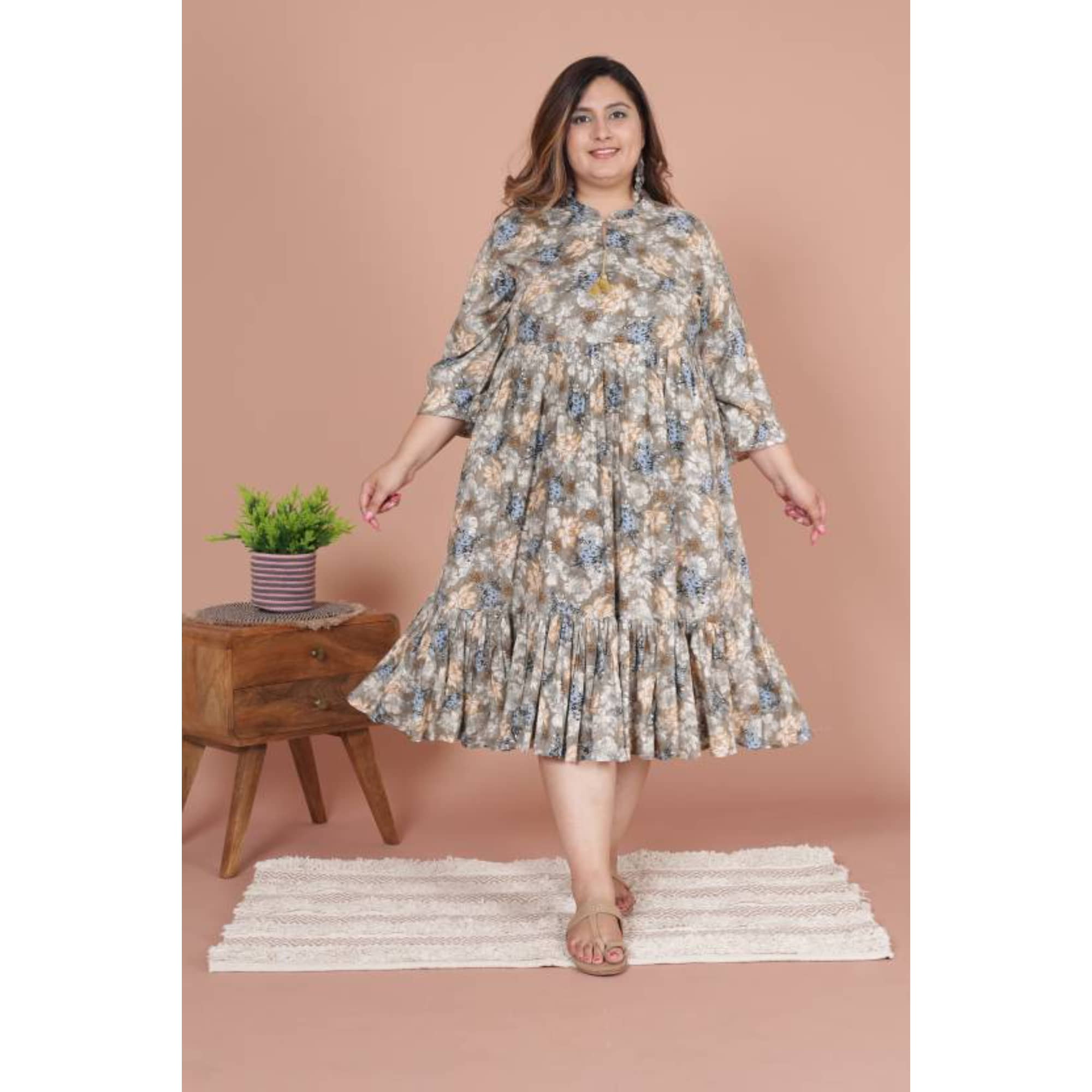 Swasti Women Cotton Printed Fit & Flare Dress ( Grey )
