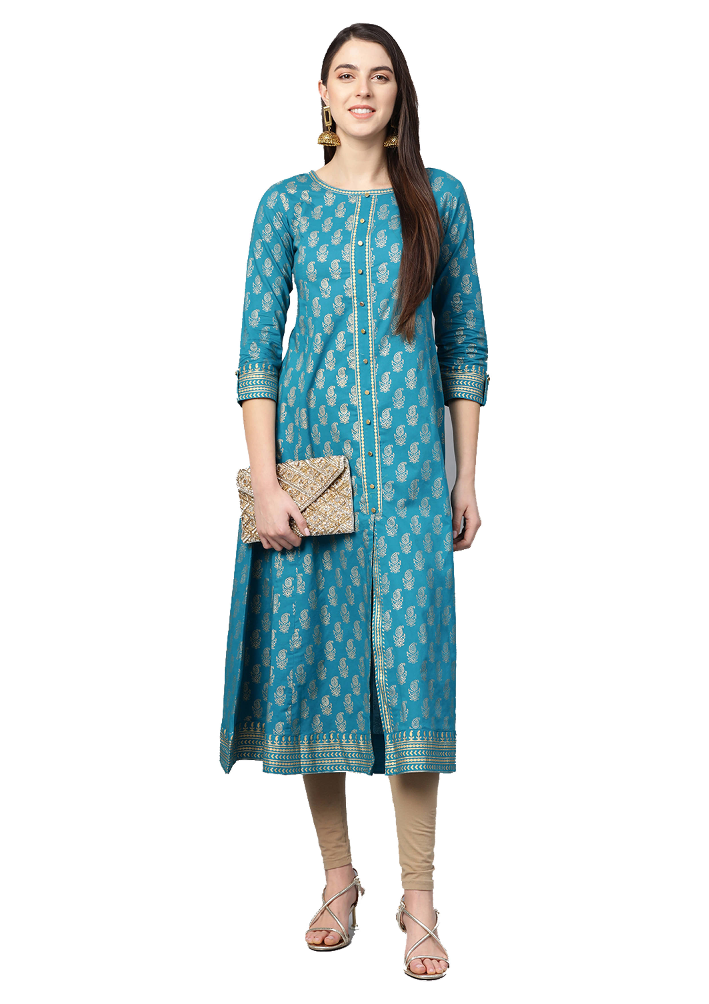 Yash Gallery Pack of 1 Cotton Printed Anarkali Women's Kurti - ( Teal ) Yash Gallery Pack of 1 Cotton Printed Anarkali Women's Kurti - ( Teal )