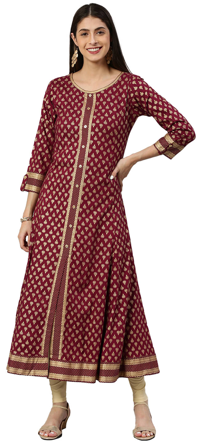 Yash Gallery Pack of 1 Rayon Printed Flared Women's Kurti - ( Maroon ) Yash Gallery Pack of 1 Rayon Printed Flared Women's Kurti - ( Maroon )