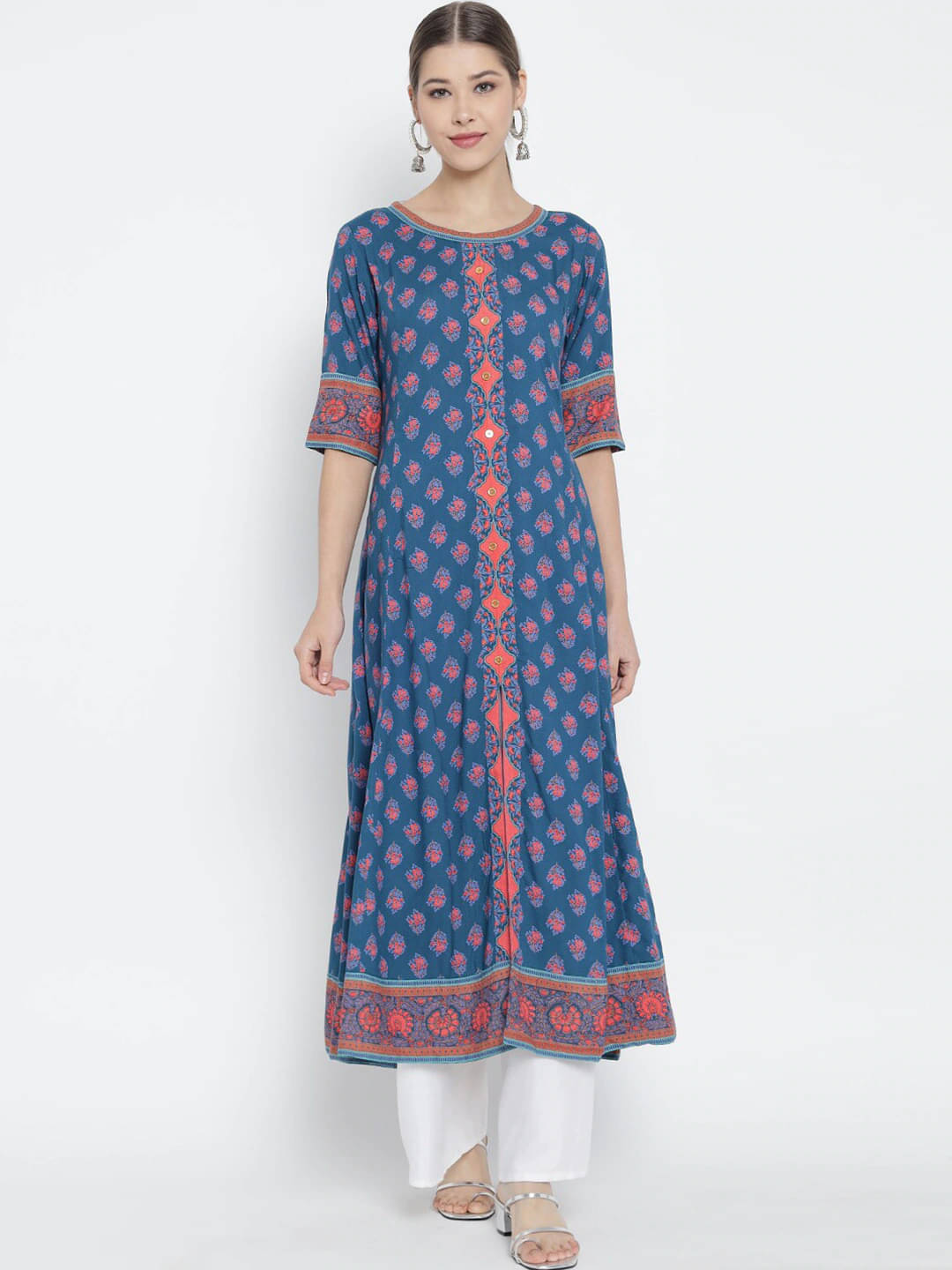 Yash Gallery Pack of 1 Rayon Printed Anarkali Women's Kurti - ( Blue ) Yash Gallery Pack of 1 Rayon Printed Anarkali Women's Kurti - ( Blue )