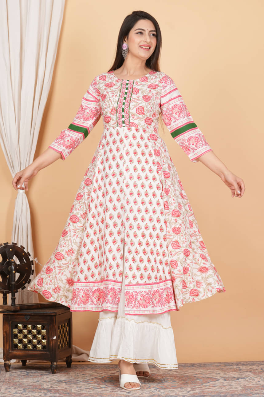 Yash Gallery Pack of 1 Rayon Printed Anarkali Women's Kurti - ( White ) Yash Gallery Pack of 1 Rayon Printed Anarkali Women's Kurti - ( White )