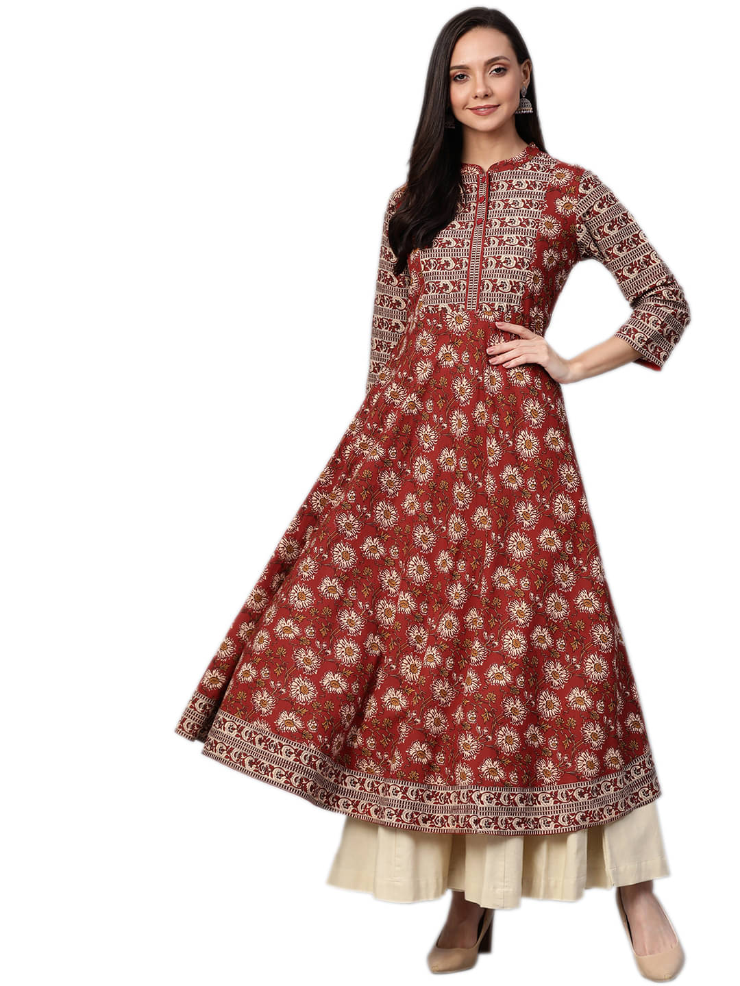 Yash Gallery Pack of 1 Cotton Printed Anarkali Women's Kurti - ( Maroon ) Yash Gallery Pack of 1 Cotton Printed Anarkali Women's Kurti - ( Maroon )