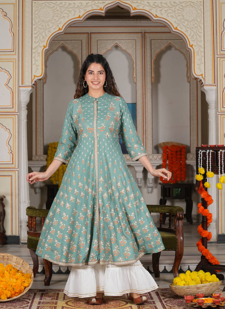 Yash Gallery Pack of 1 Rayon Printed Anarkali Women's Kurti - ( Green ) Yash Gallery Pack of 1 Rayon Printed Anarkali Women's Kurti - ( Green )