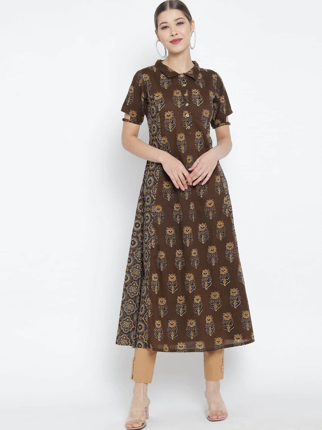 Yash Gallery Pack of 1 Cotton Printed A-line Women's Kurti - ( Brown ) Yash Gallery Pack of 1 Cotton Printed A-line Women's Kurti - ( Brown )