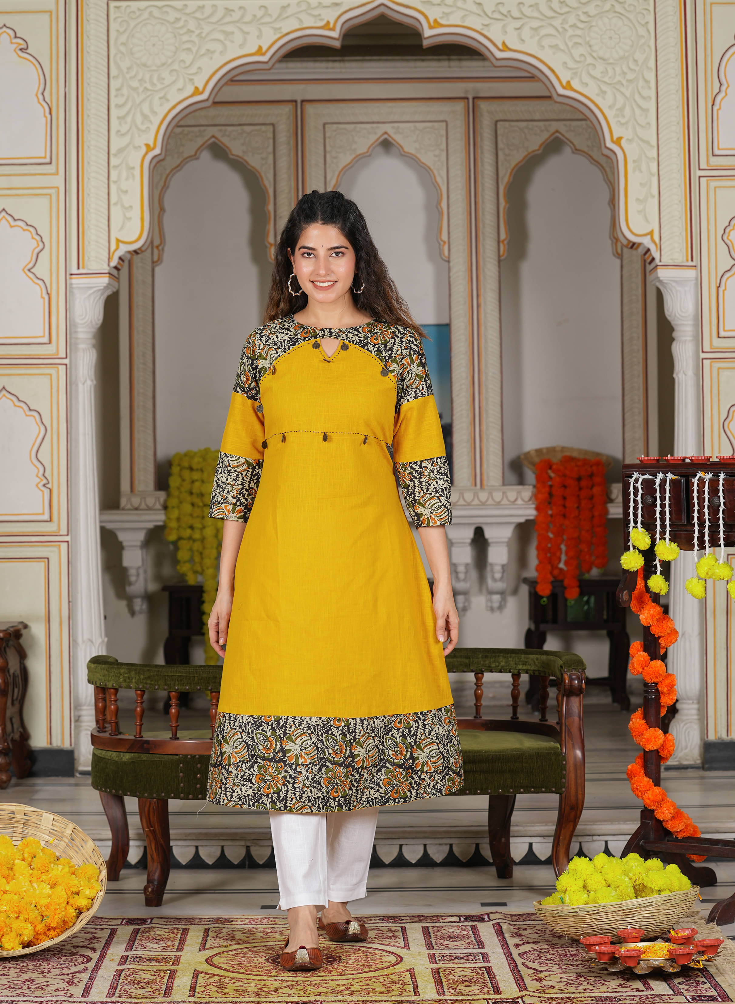Yash Gallery Pack of 1 Cotton Blend Printed A-line Women's Kurti - ( Mustard ) Yash Gallery Pack of 1 Cotton Blend Printed A-line Women's Kurti - ( Mustard )