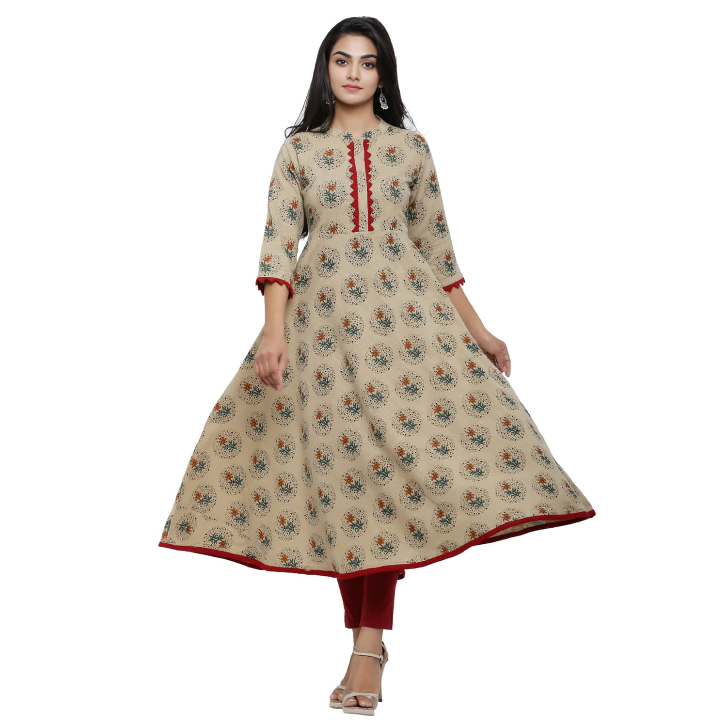 Yash Gallery Pack of 1 Cotton Blend Printed Anarkali Women's Kurti - ( Beige ) Yash Gallery Pack of 1 Cotton Blend Printed Anarkali Women's Kurti - ( Beige )