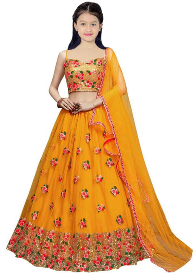     			piludi Net Lehenga Choli Set For Girls ( Pack of 1 , Yellow )