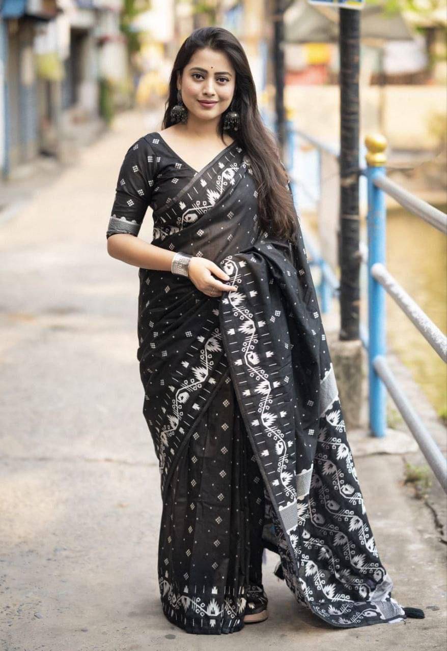 Aika Cotton Silk Printed Saree With Unstitched Blouse Piece ( Black )     			Aika Cotton Silk Printed Saree With Unstitched Blouse Piece ( Black )