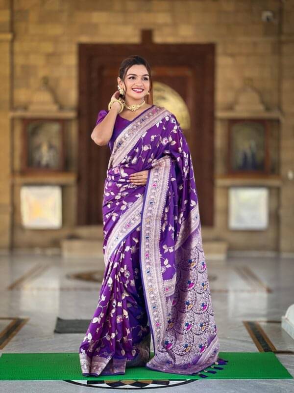 Apnisha Banarasi Silk Embellished Saree With Unstitched Blouse Piece ( Purple ) Apnisha Banarasi Silk Embellished Saree With Unstitched Blouse Piece ( Purple )