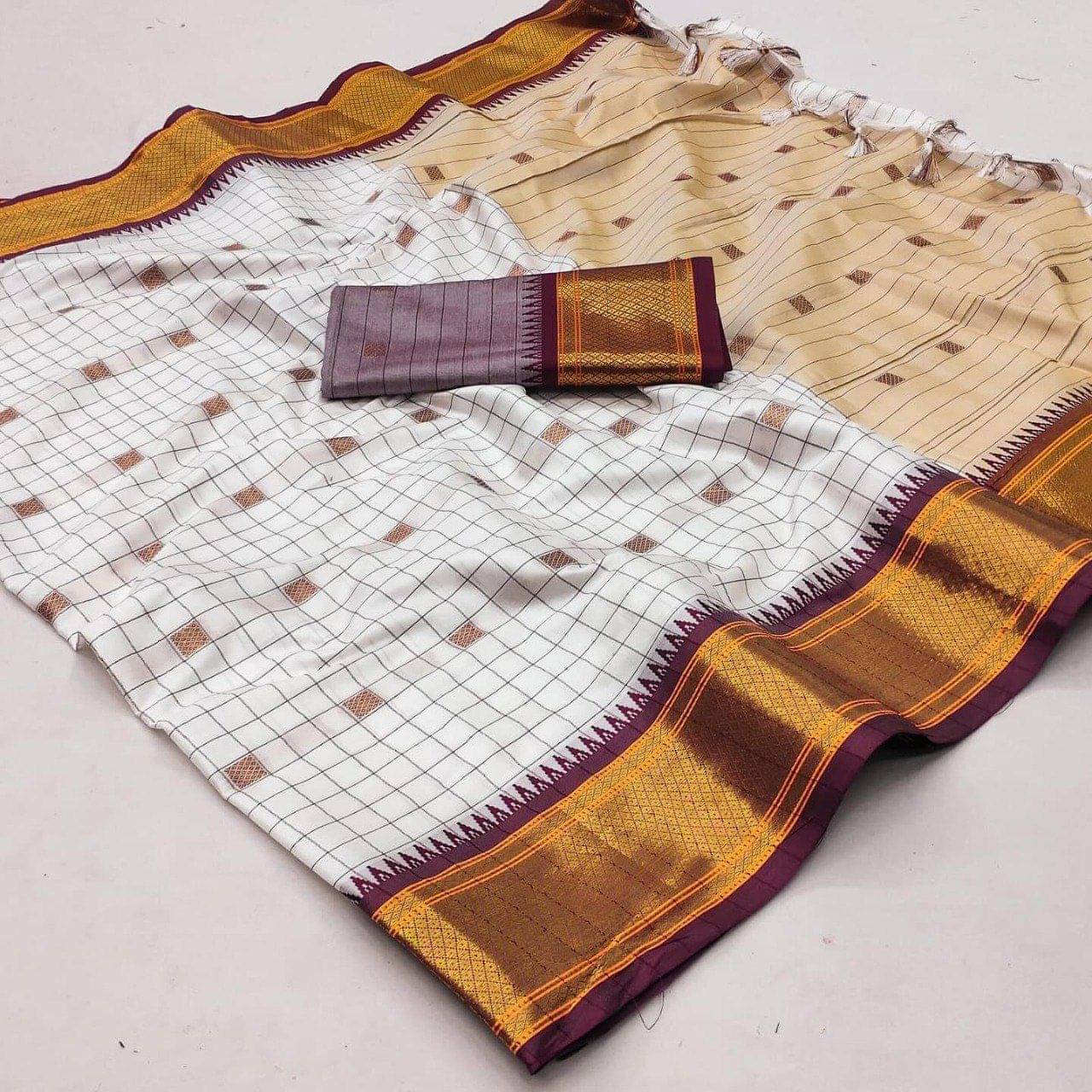     			Apnisha Cotton Silk Checks Saree With Unstitched Blouse Piece ( Brown )