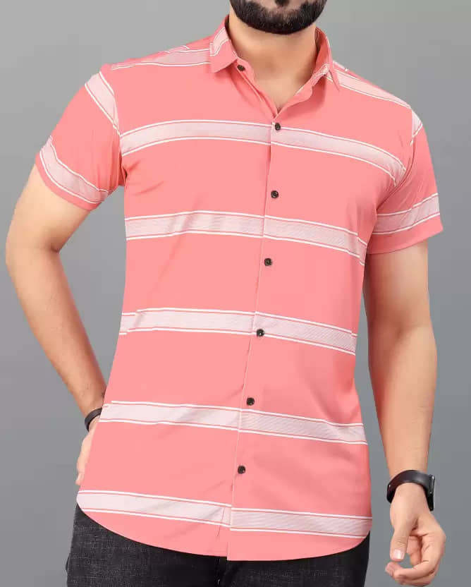 FABRIPPLE Cotton Blend Regular Fit Striped Half Sleeves Men's Casual Shirt - Coral ( Pack of 1 )