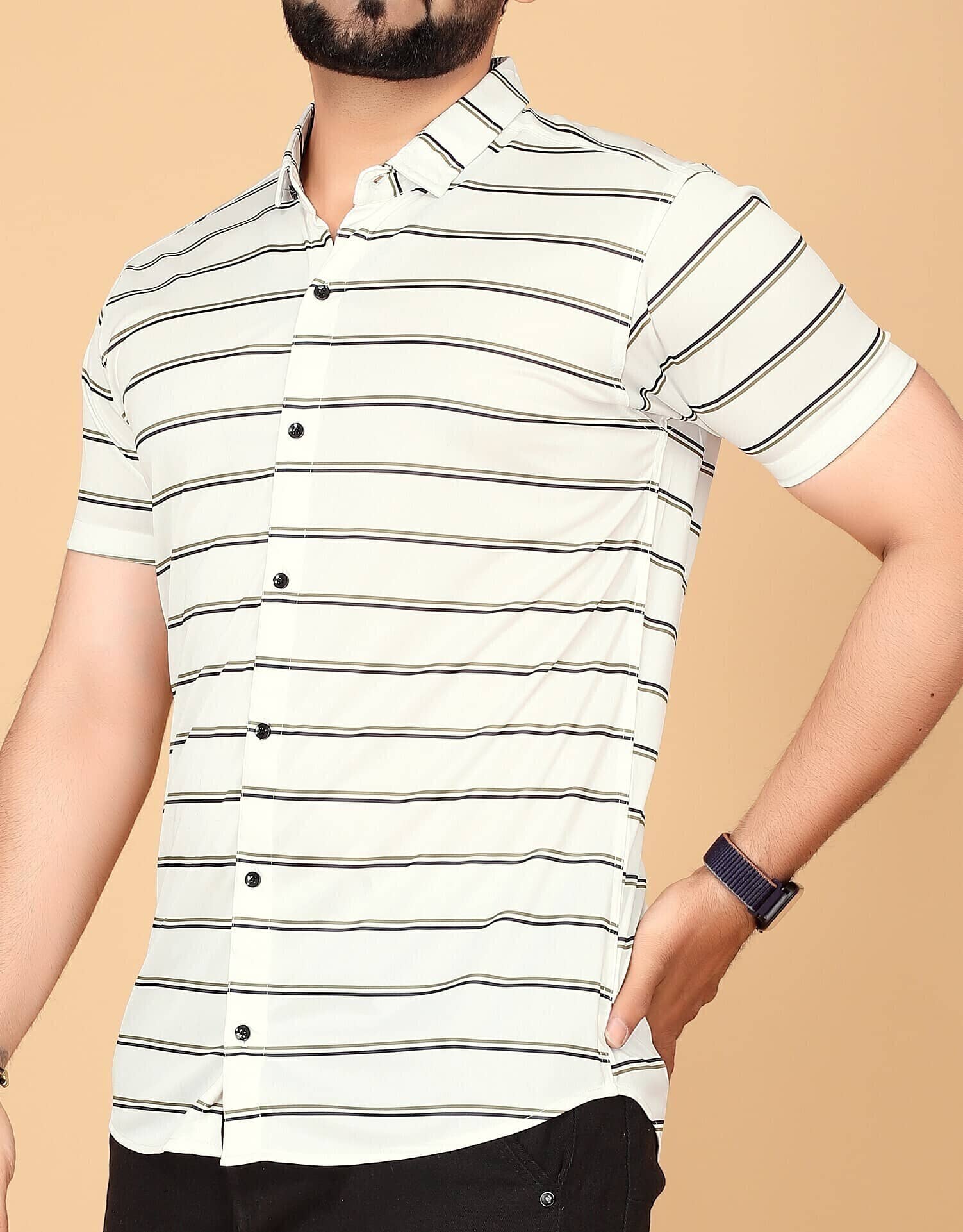 FABRIPPLE Polyester Regular Fit Striped Half Sleeves Men's Casual Shirt - White ( Pack of 1 )