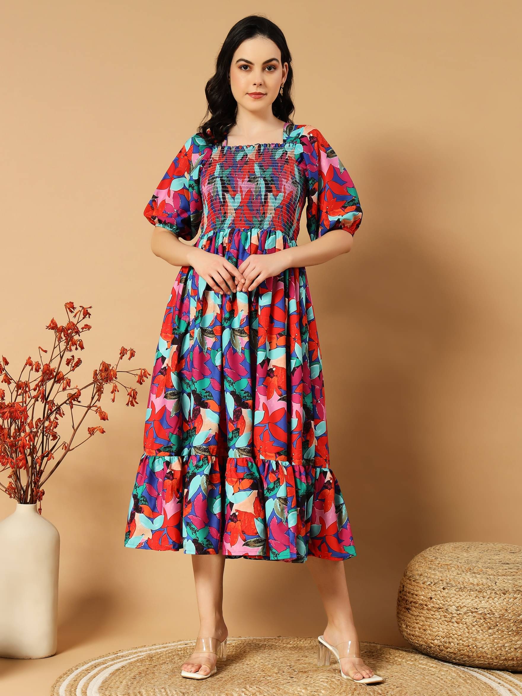 Femvy Women Polyester Printed Fit & Flare Dress ( Multi Color ) Femvy Women Polyester Printed Fit & Flare Dress ( Multi Color )