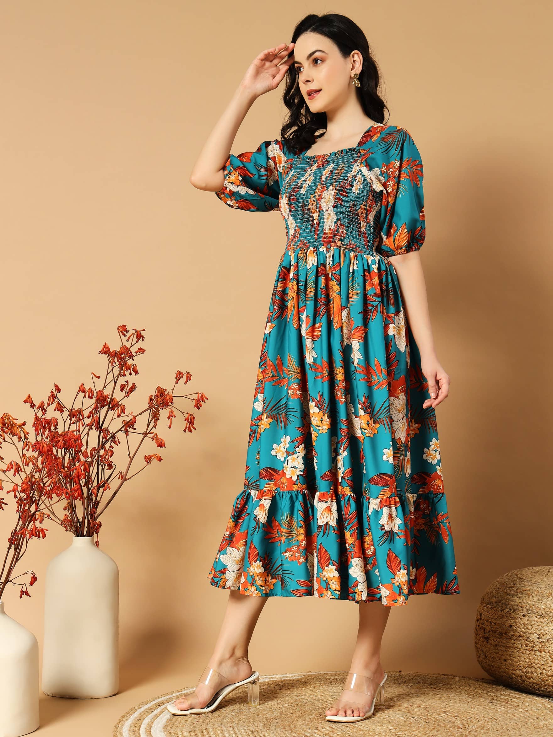 Femvy Women Polyester Printed Fit & Flare Dress ( Green )