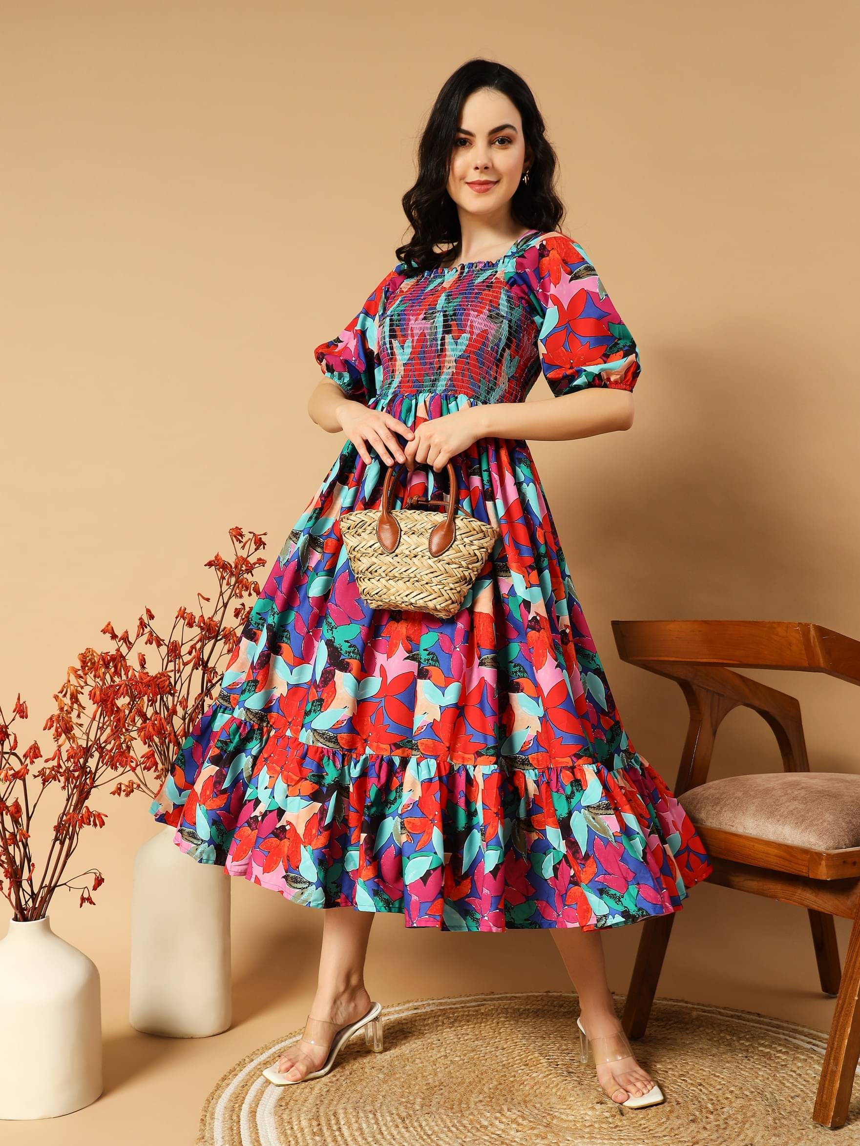 Femvy Women Polyester Printed Fit & Flare Dress ( Multi Color ) Femvy Women Polyester Printed Fit & Flare Dress ( Multi Color )