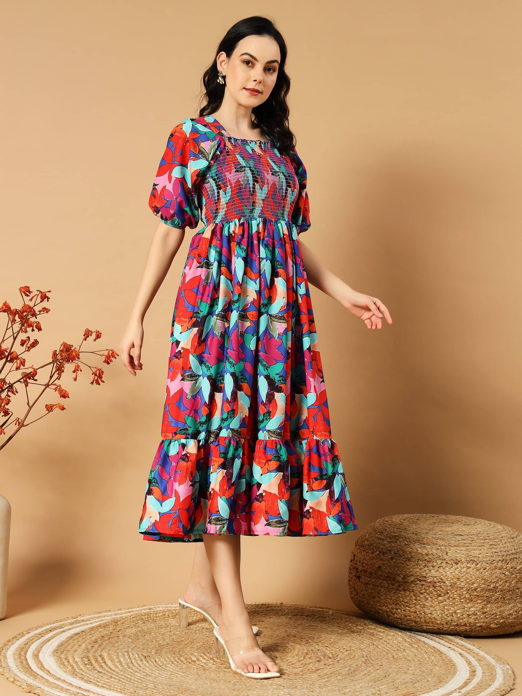 JASH CREATION Polyester Printed Midi Women's Fit & Flare Dress - Multi Color ( Pack of 1 ) JASH CREATION Polyester Printed Midi Women's Fit & Flare Dress - Multi Color ( Pack of 1 )