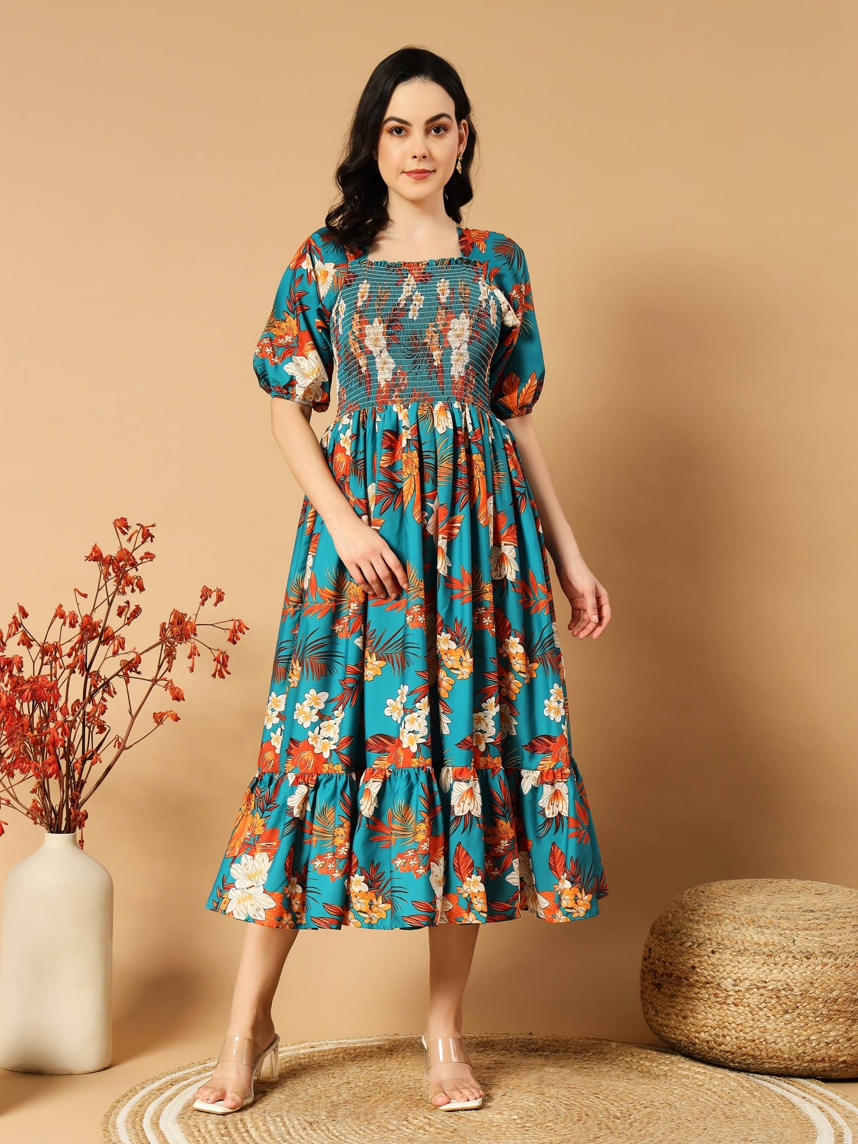 JASH CREATION Polyester Printed Midi Women's Fit & Flare Dress - Green ( Pack of 1 ) JASH CREATION Polyester Printed Midi Women's Fit & Flare Dress - Green ( Pack of 1 )