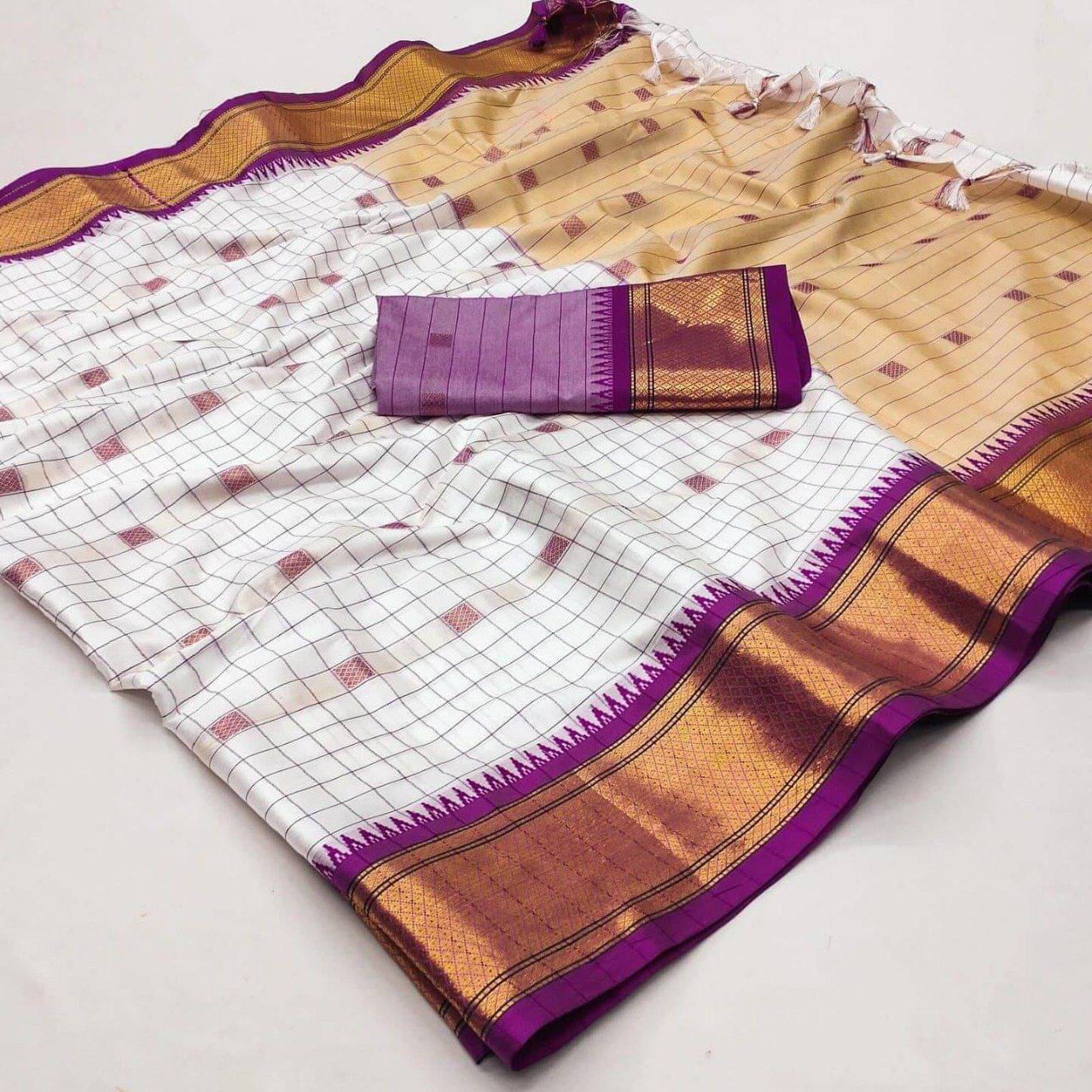 JULEE Cotton Silk Checks Saree With Unstitched Blouse Piece ( Purple ) JULEE Cotton Silk Checks Saree With Unstitched Blouse Piece ( Purple )
