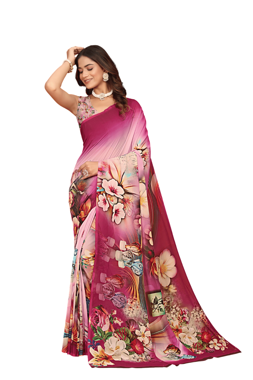 KOMAL NX Georgette Printed Saree With Unstitched Blouse Piece ( Peach,Red ) KOMAL NX Georgette Printed Saree With Unstitched Blouse Piece ( Peach,Red )