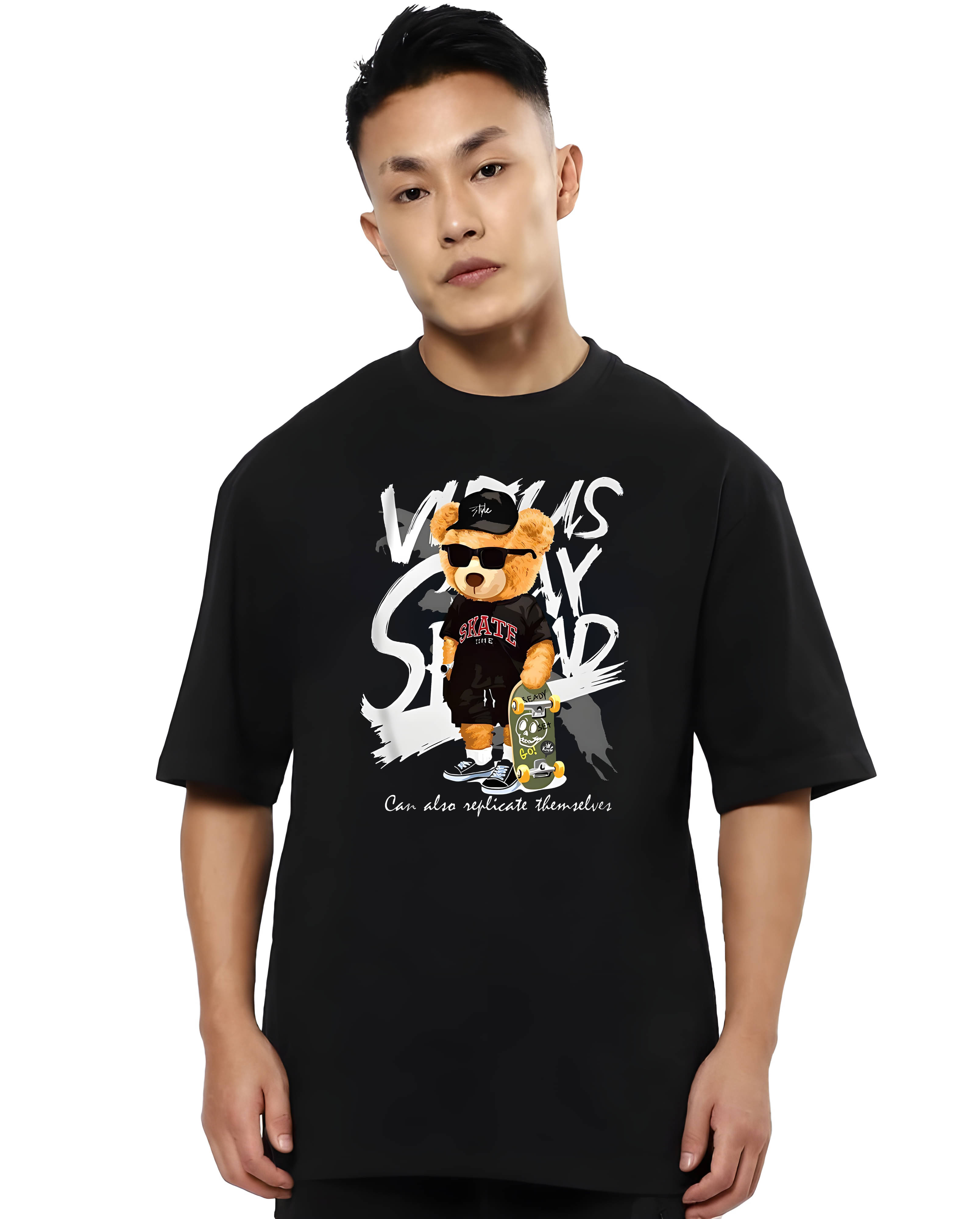 Kaido Cotton Oversized Fit Self Design Half Sleeves Men's Round T-Shirt - Black ( Pack of 1 )     			Kaido Cotton Oversized Fit Self Design Half Sleeves Men's Round T-Shirt - Black ( Pack of 1 )