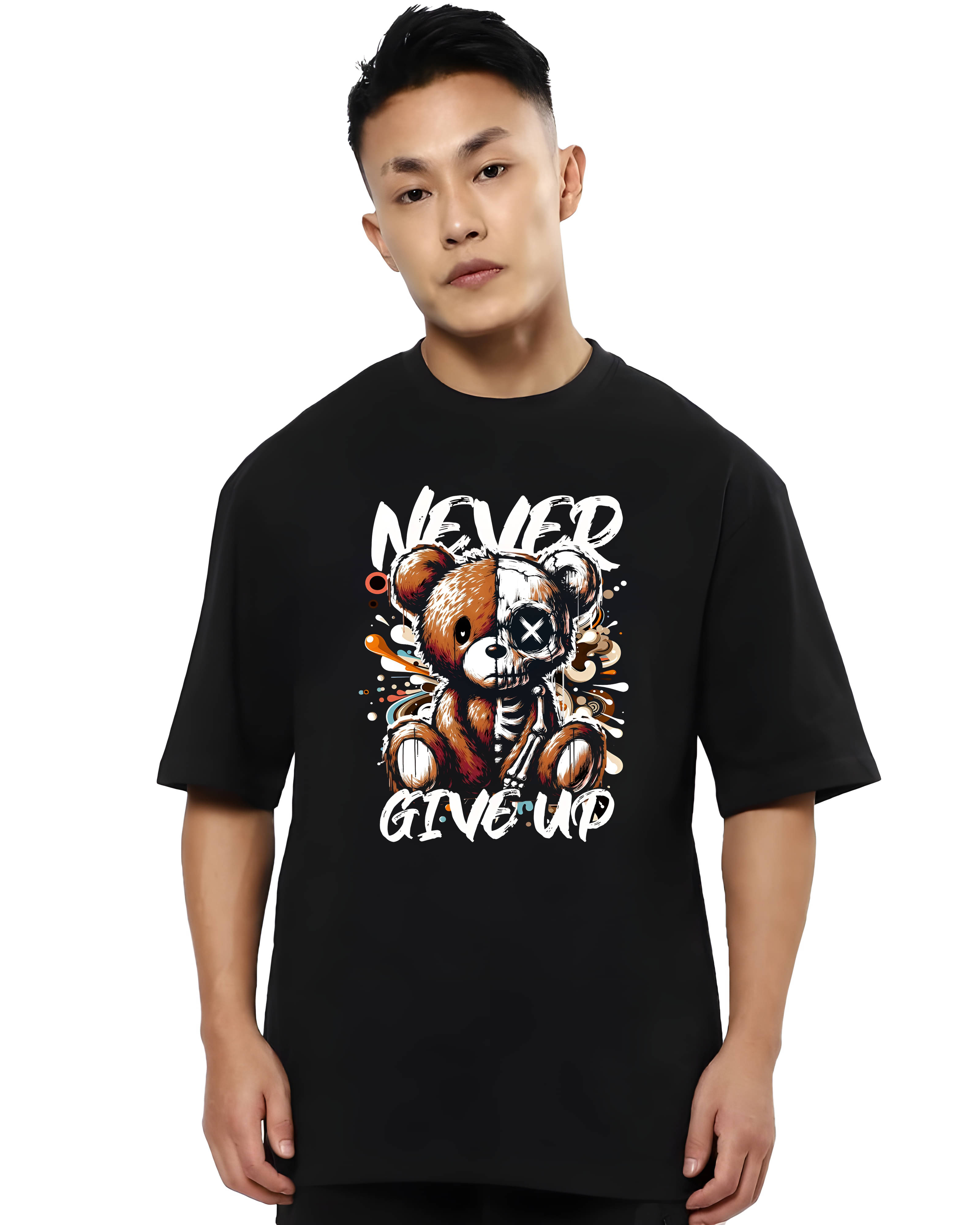     			Kaido Cotton Oversized Fit Self Design Half Sleeves Men's Round T-Shirt - Black ( Pack of 1 )