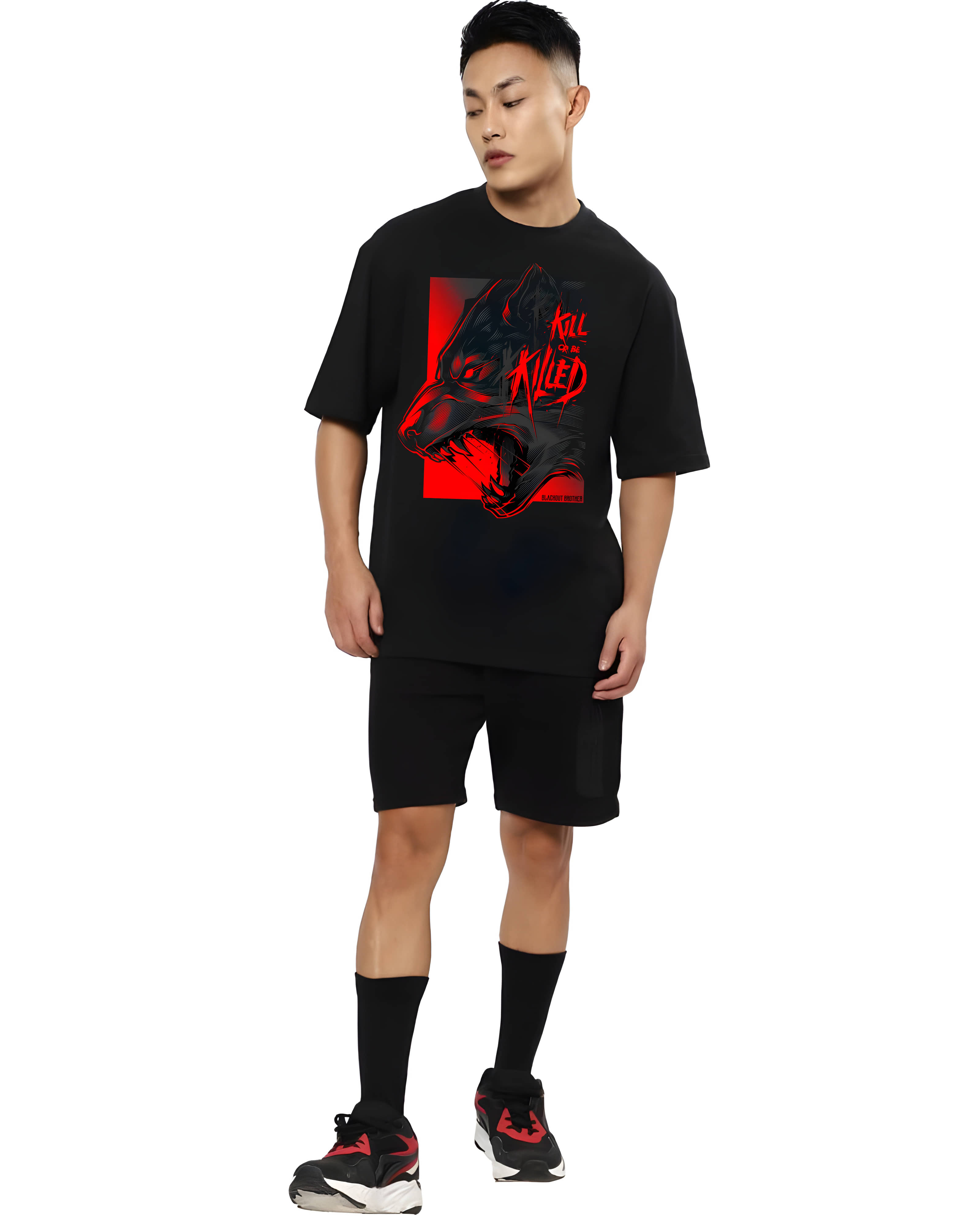 Kaido Cotton Oversized Fit Self Design Half Sleeves Men's Round T-Shirt - Black ( Pack of 1 )