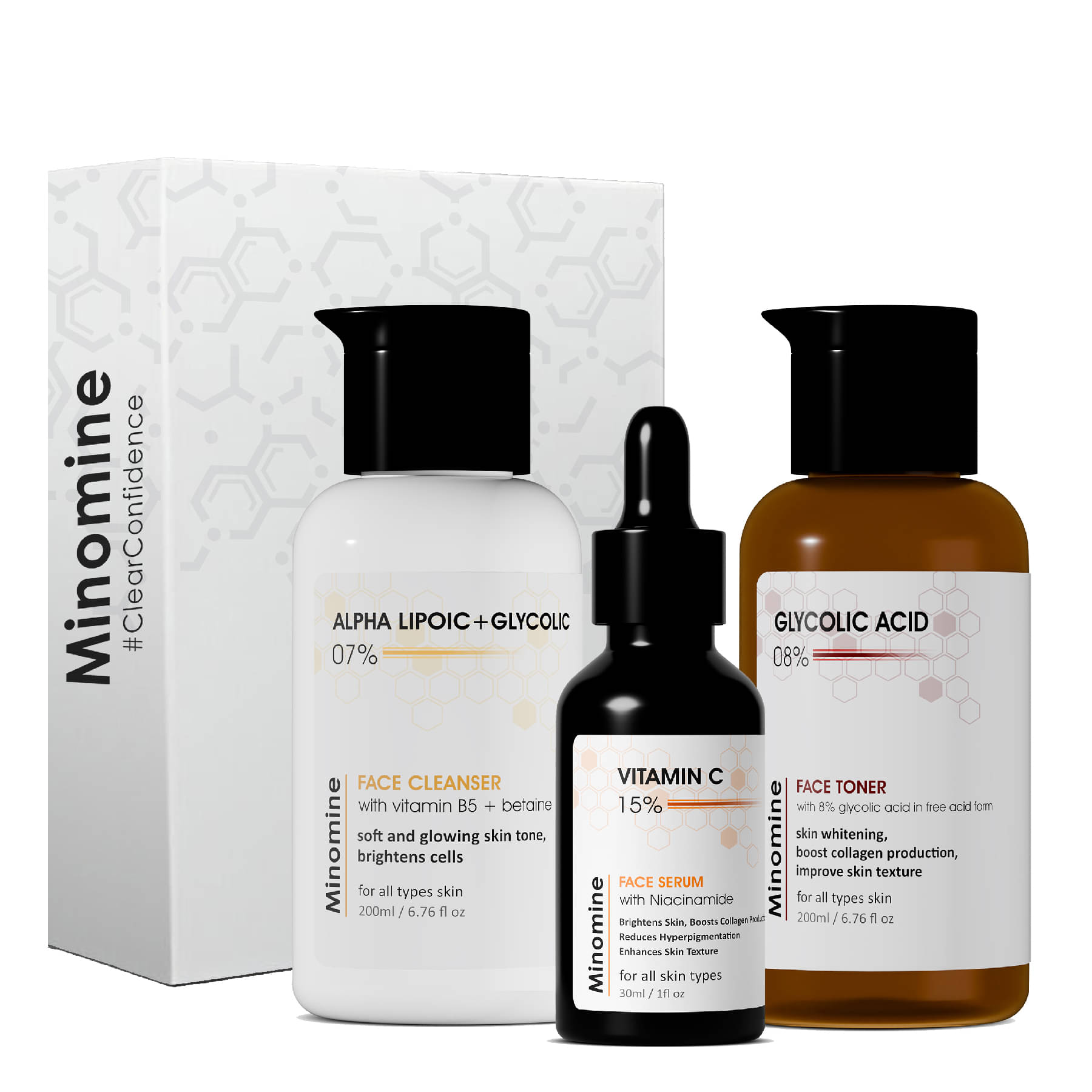 Minomine Skincare Routine Kit for Unisex | Brightening & Hydrating | Formulated Whitening Skin , Improve Skin Texture & Boosts Collagen Production | Face Serum, Cleanser, Toner | 430ml Minomine Skincare Routine Kit for Unisex | Brightening & Hydrating | Formulated Whitening Skin , Improve Skin Texture & Boosts Collagen Production | Face Serum, Cleanser, Toner | 430ml