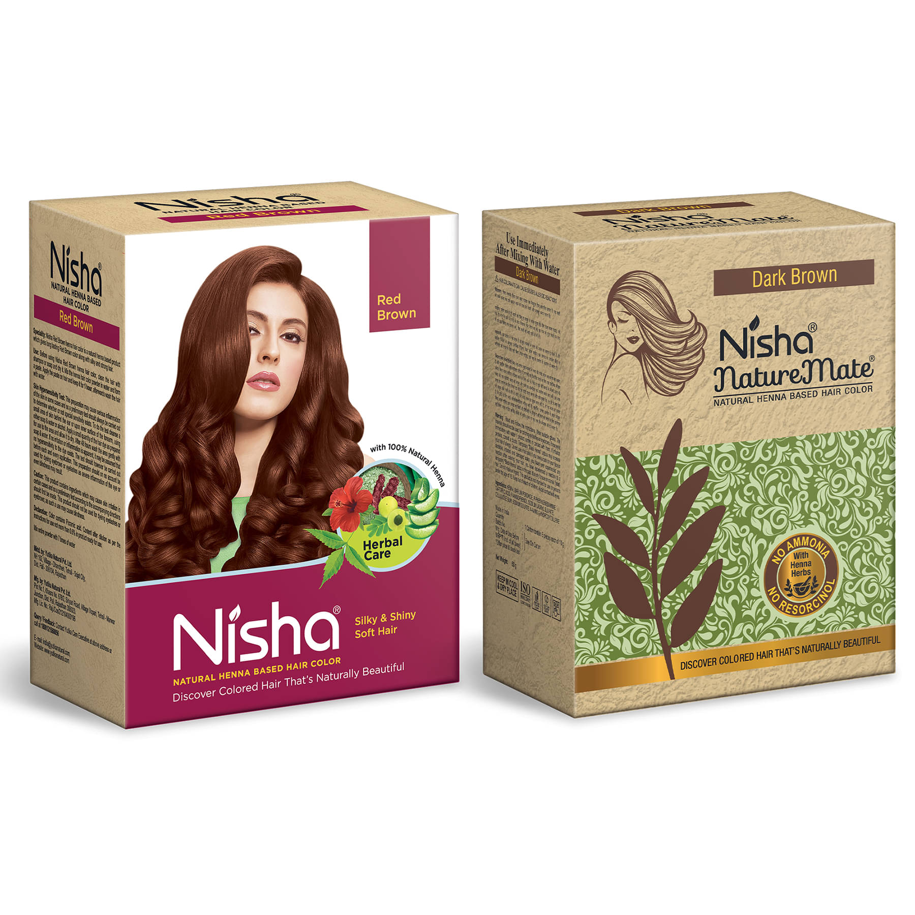 Nisha Henna Based Hair Color Red Brown 90g and Nature Mate Henna Hair Colour Dark Brown 60g Combo Pack     			Nisha Henna Based Hair Color Red Brown 90g and Nature Mate Henna Hair Colour Dark Brown 60g Combo Pack