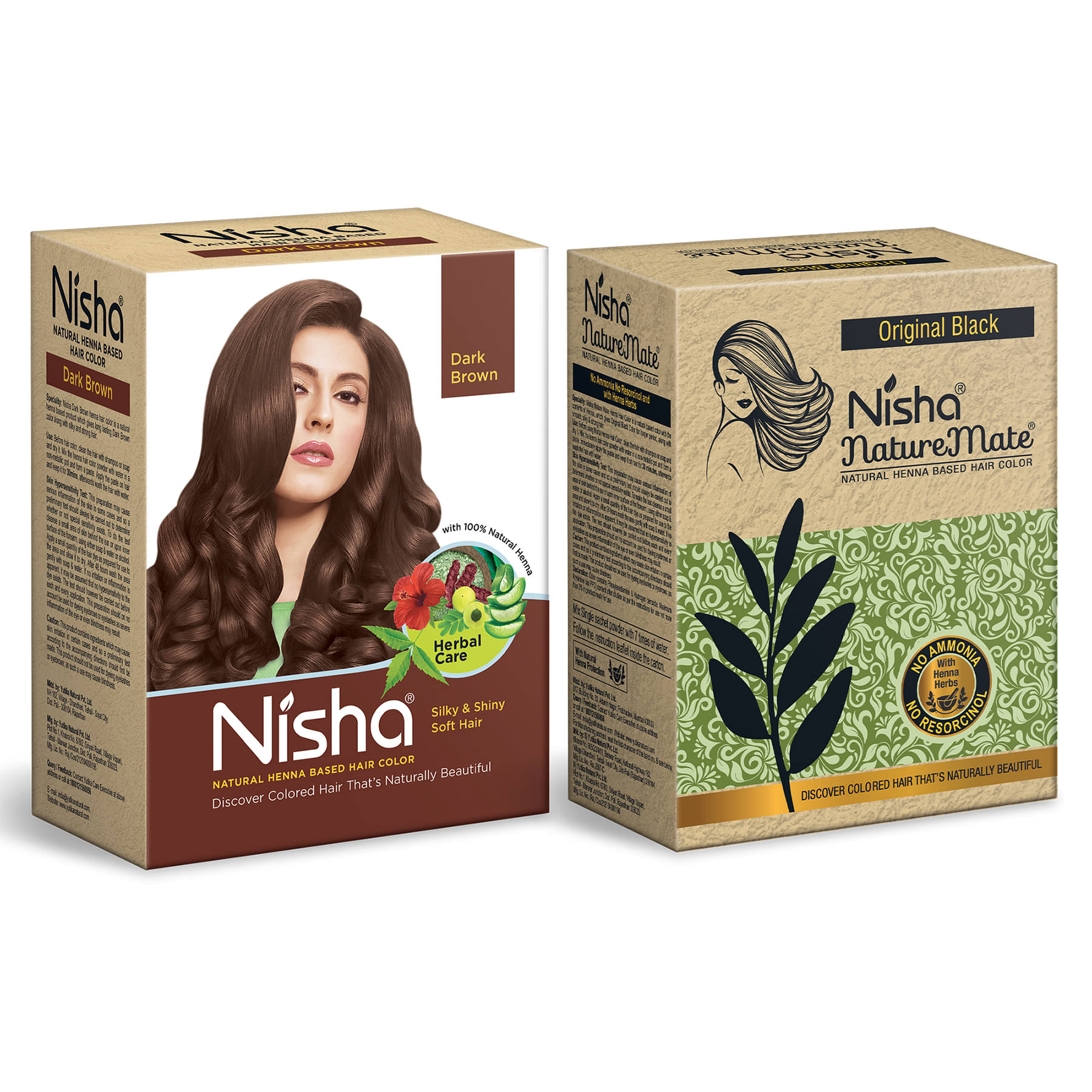 Nisha Henna Based Hair Color Dark Brown 60g and Nature Mate Henna Hair Colour Original Black 60g Combo Pack     			Nisha Henna Based Hair Color Dark Brown 60g and Nature Mate Henna Hair Colour Original Black 60g Combo Pack