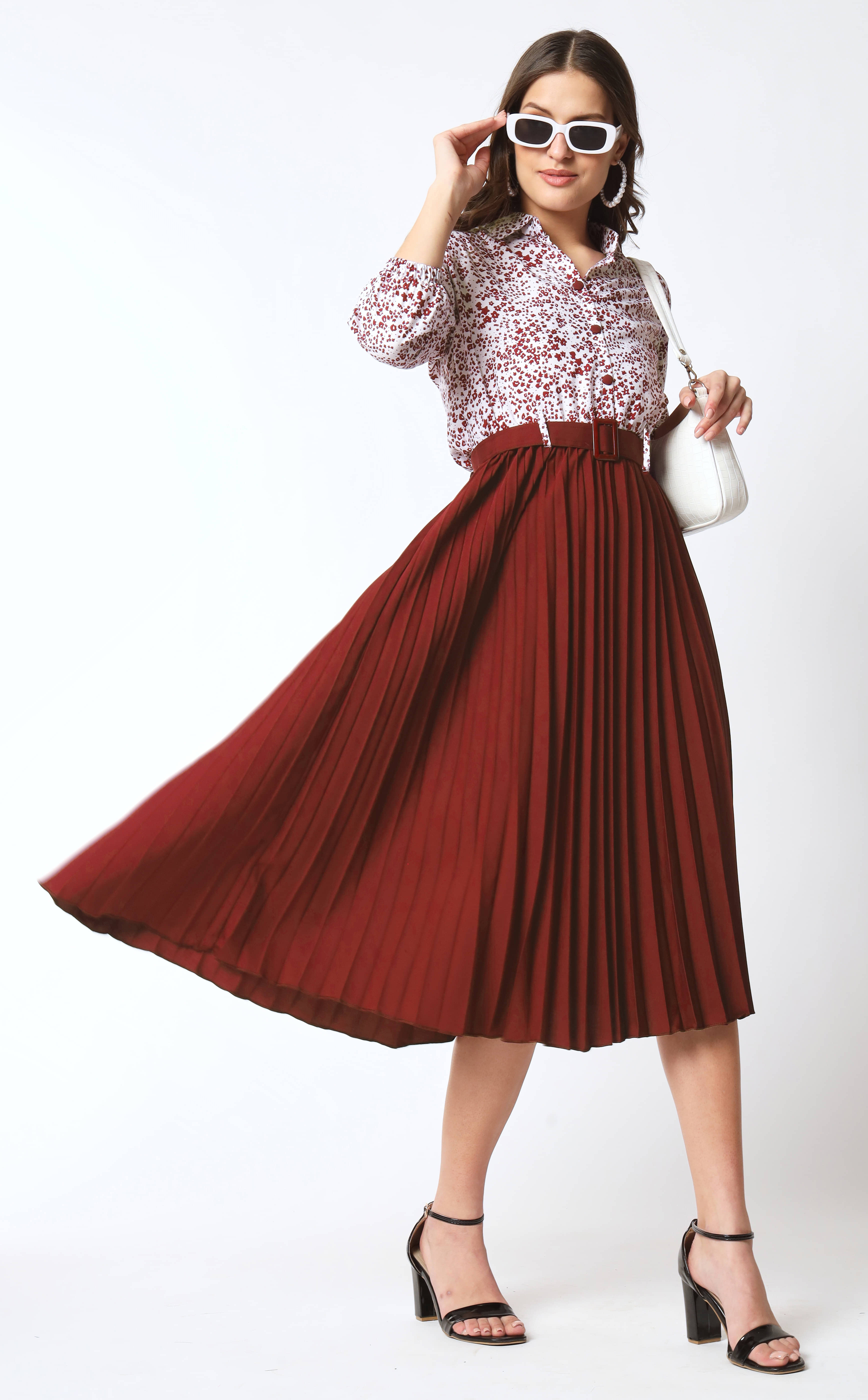     			OTABU Women Rayon Printed Fit & Flare Dress ( Maroon )