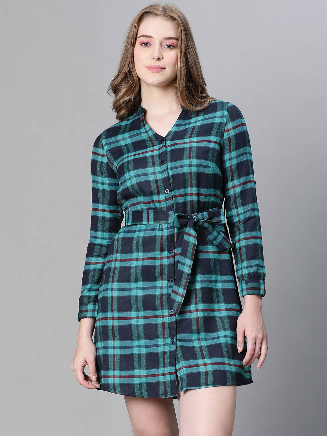     			Oxolloxo Cotton Checks Above Knee Women's A-line Dress - Blue ( Pack of 1 )